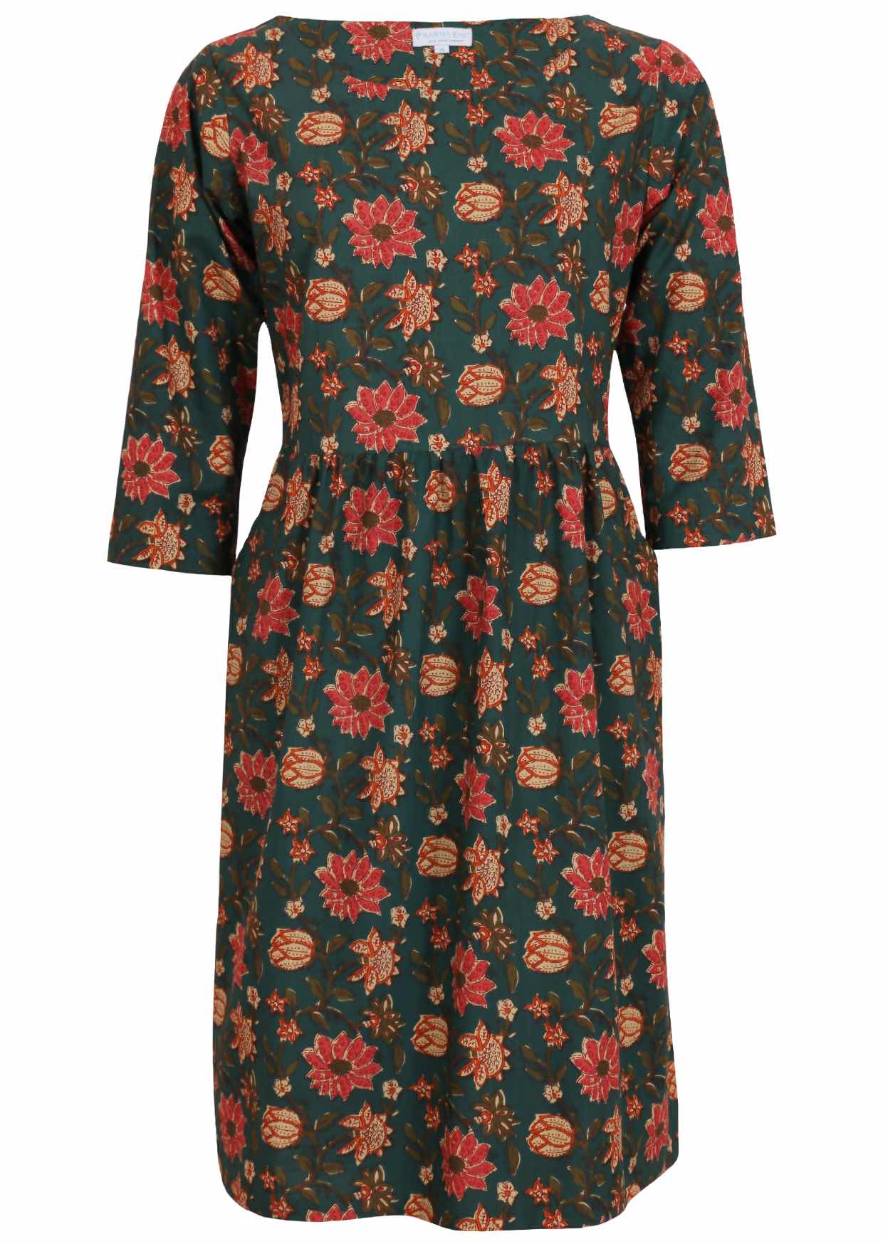 Deep green based, knee length cotton dress with wide round neckline and 3/4 sleeves.