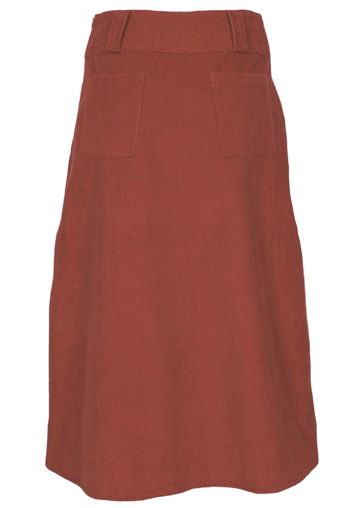 Back mannequin photo of midi length corduroy A-line skirt with belt loops and back pockets in burnt henna colour