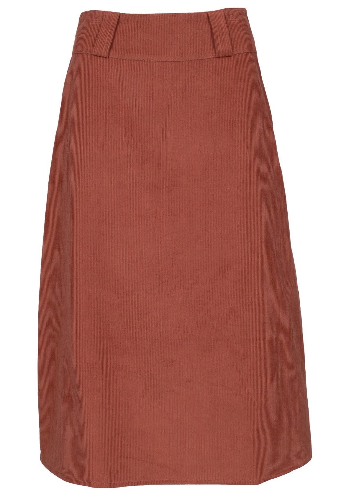 Front mannequin photo of midi length corduroy A-line skirt with belt loops and side zip in burnt henna colour