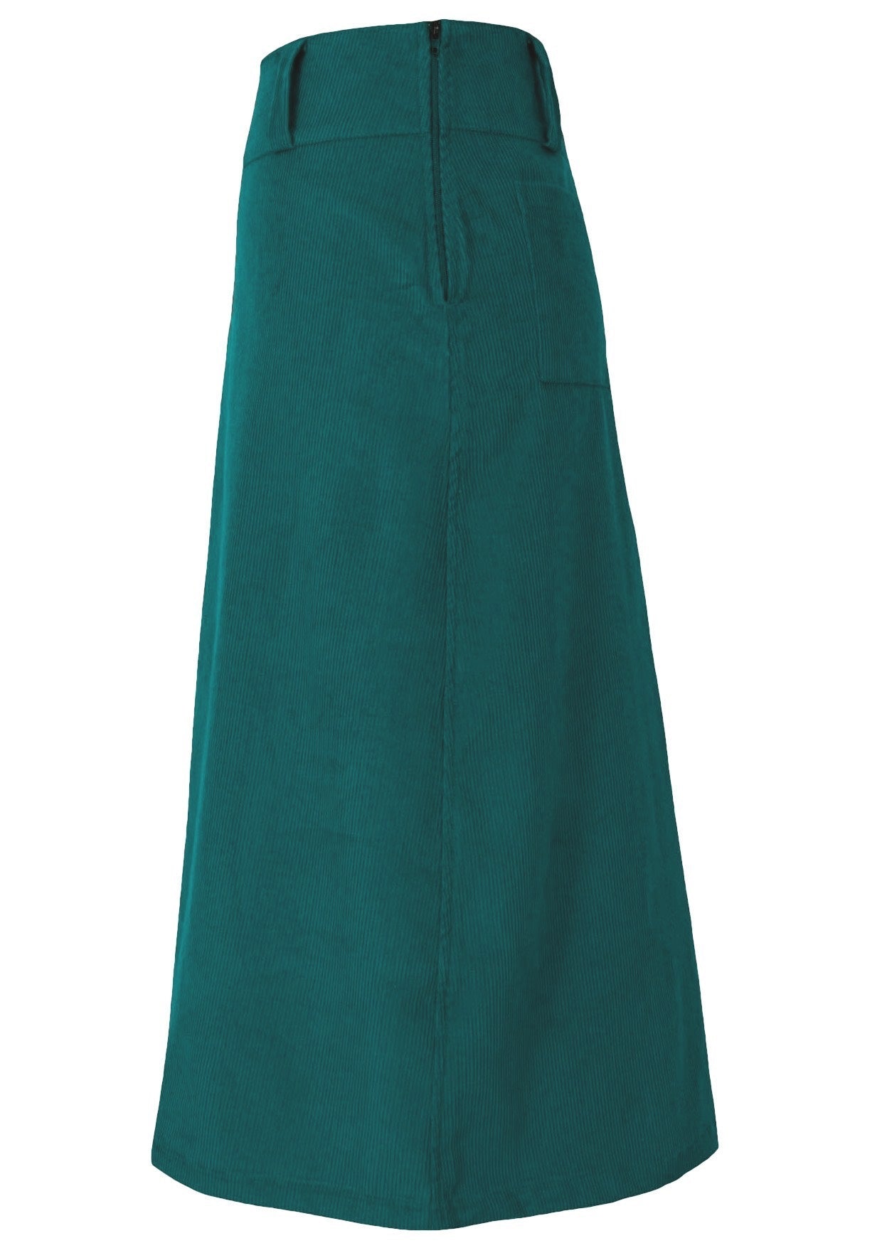 Side mannequin photo of teal corduroy midi length A-line skirt with belt loops and side zip