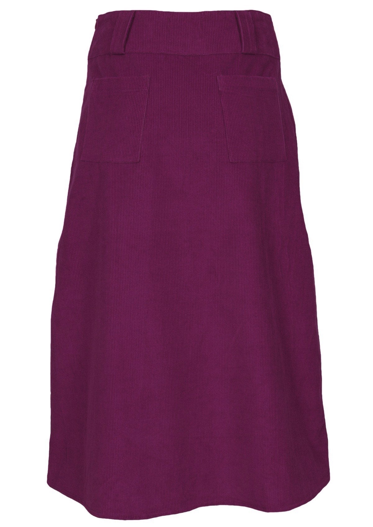 Back mannequin photo of plum purple corduroy midi length A-line skirt with belt loops and back pockets