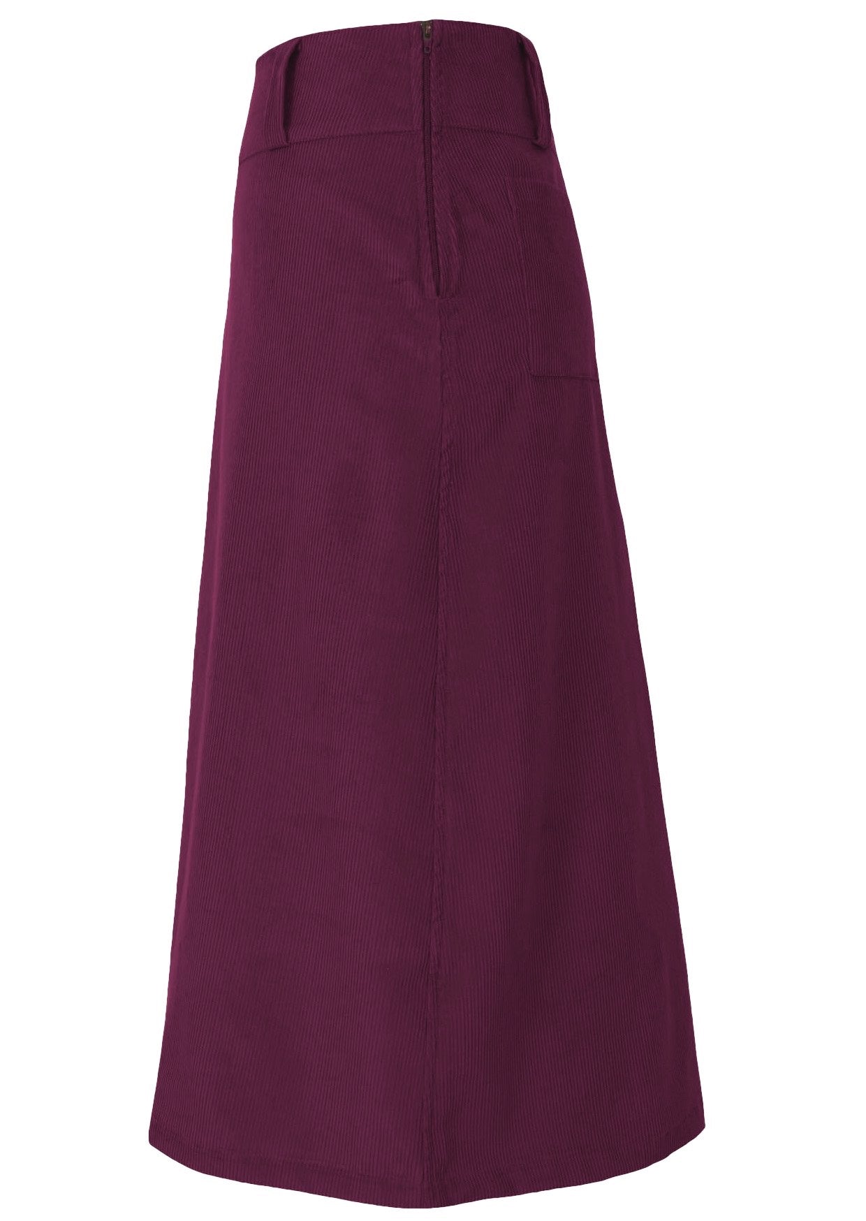 Side mannequin photo of plum purple corduroy midi length A-line skirt with belt loops and side zip