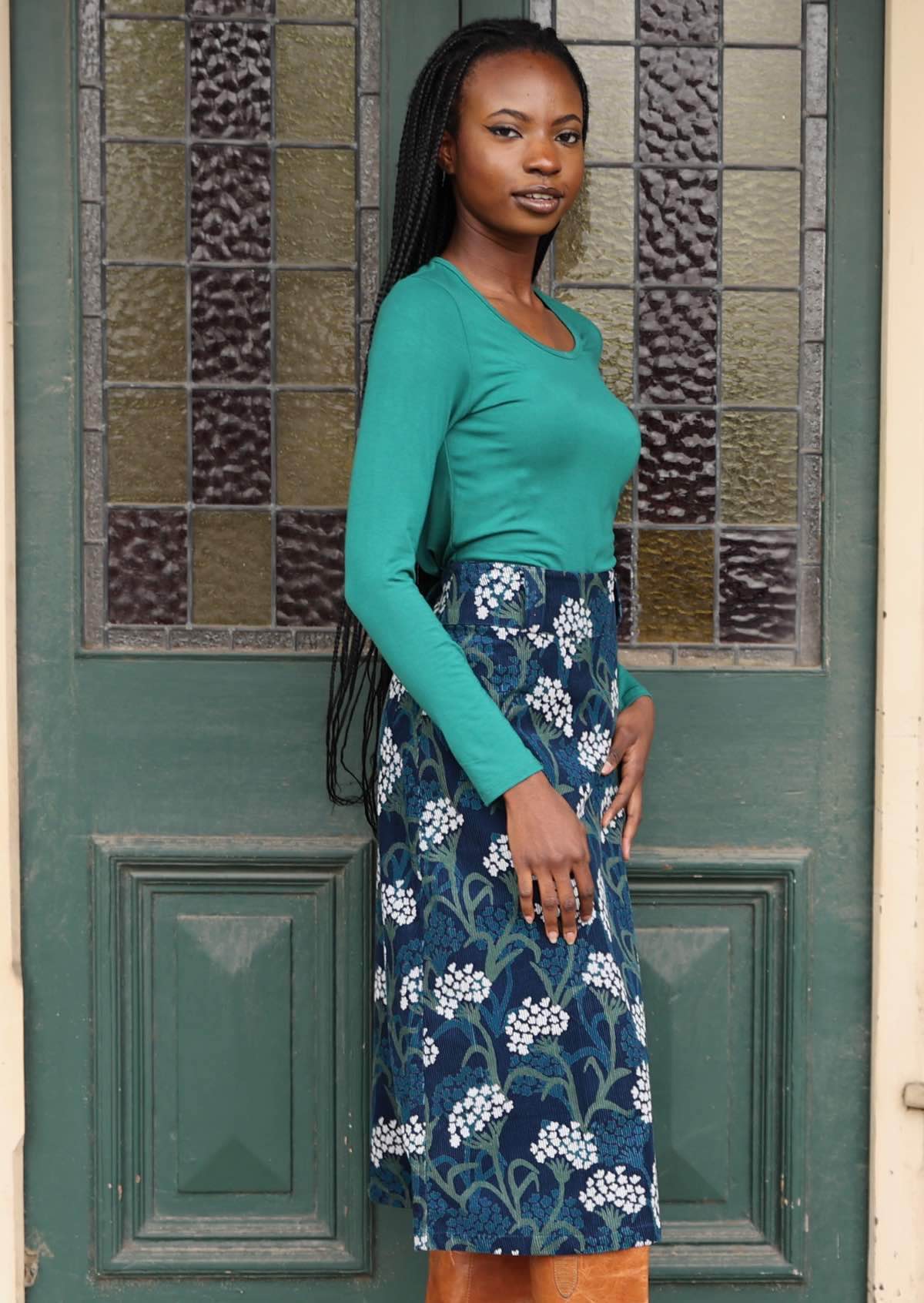 Cotton corduroy floral print on dark blue base shin length skirt