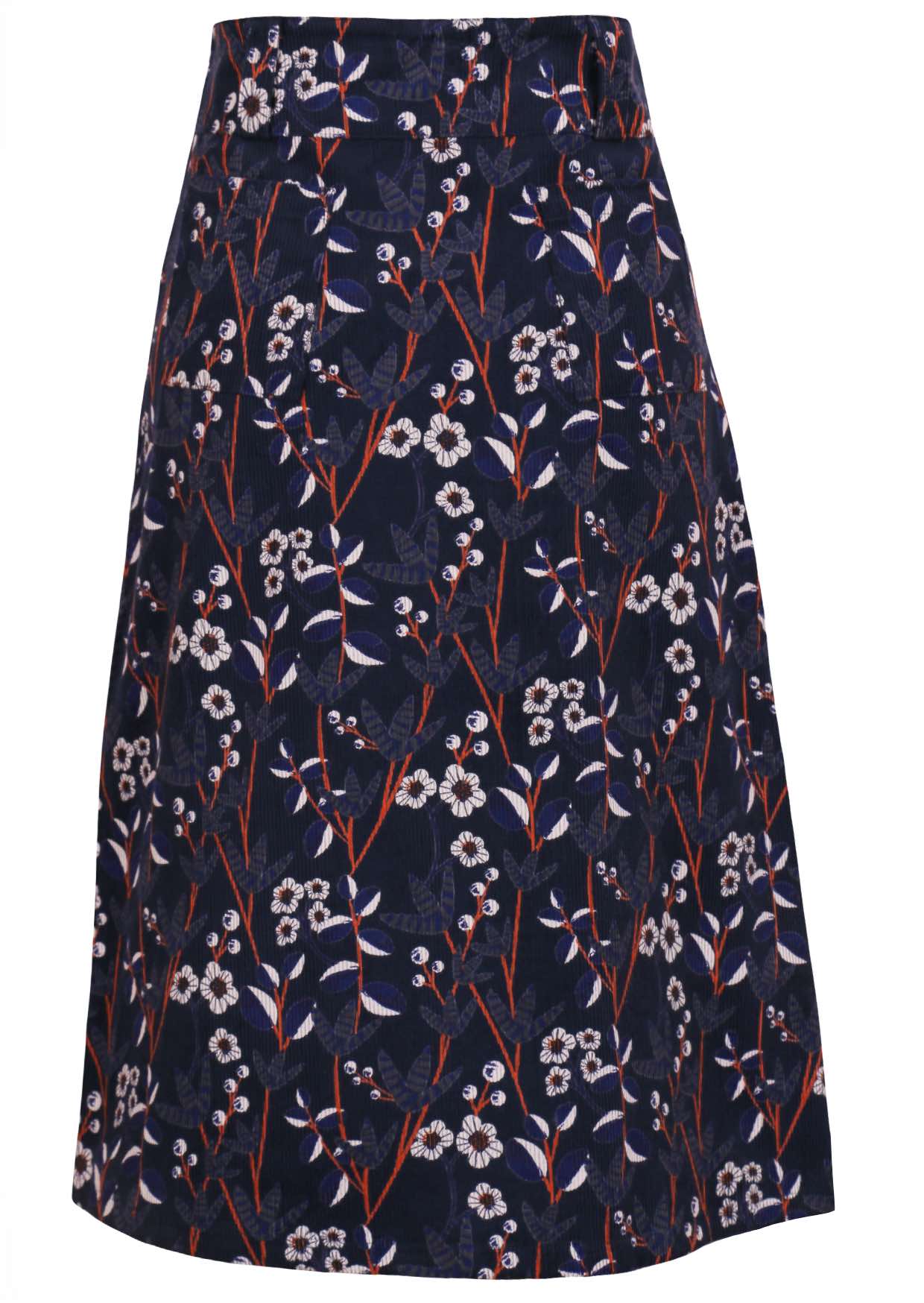 Cotton corduroy retro floral print on dark blue base A-line shin length skirt with belt loops and back pockets