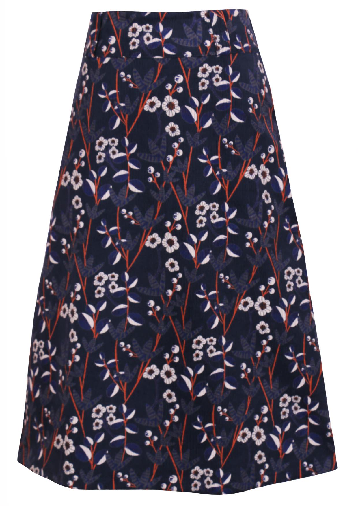 Cotton corduroy retro floral print on dark blue base A-line shin length skirt with belt loops