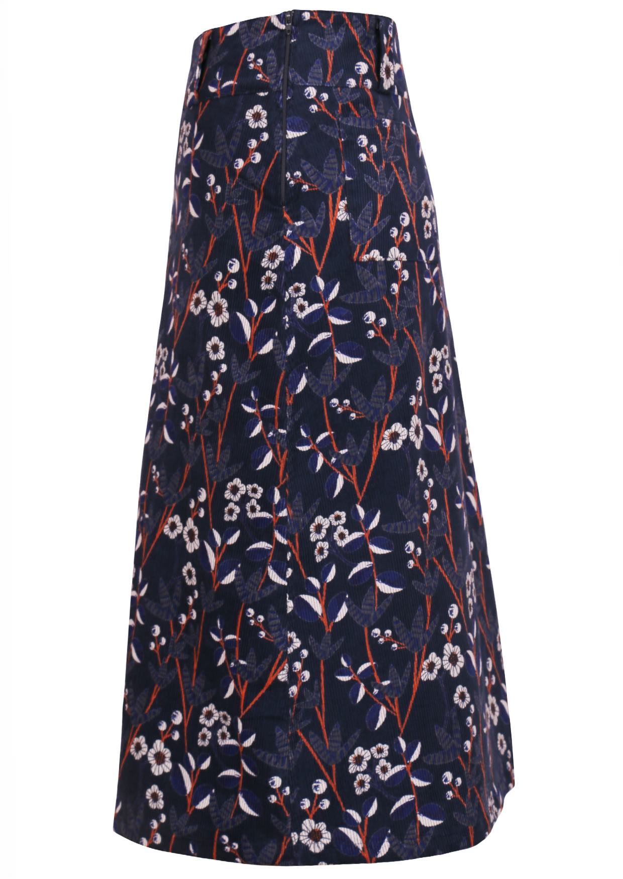 Cotton corduroy retro floral print on dark blue base A-line shin length skirt with belt loops and side zip