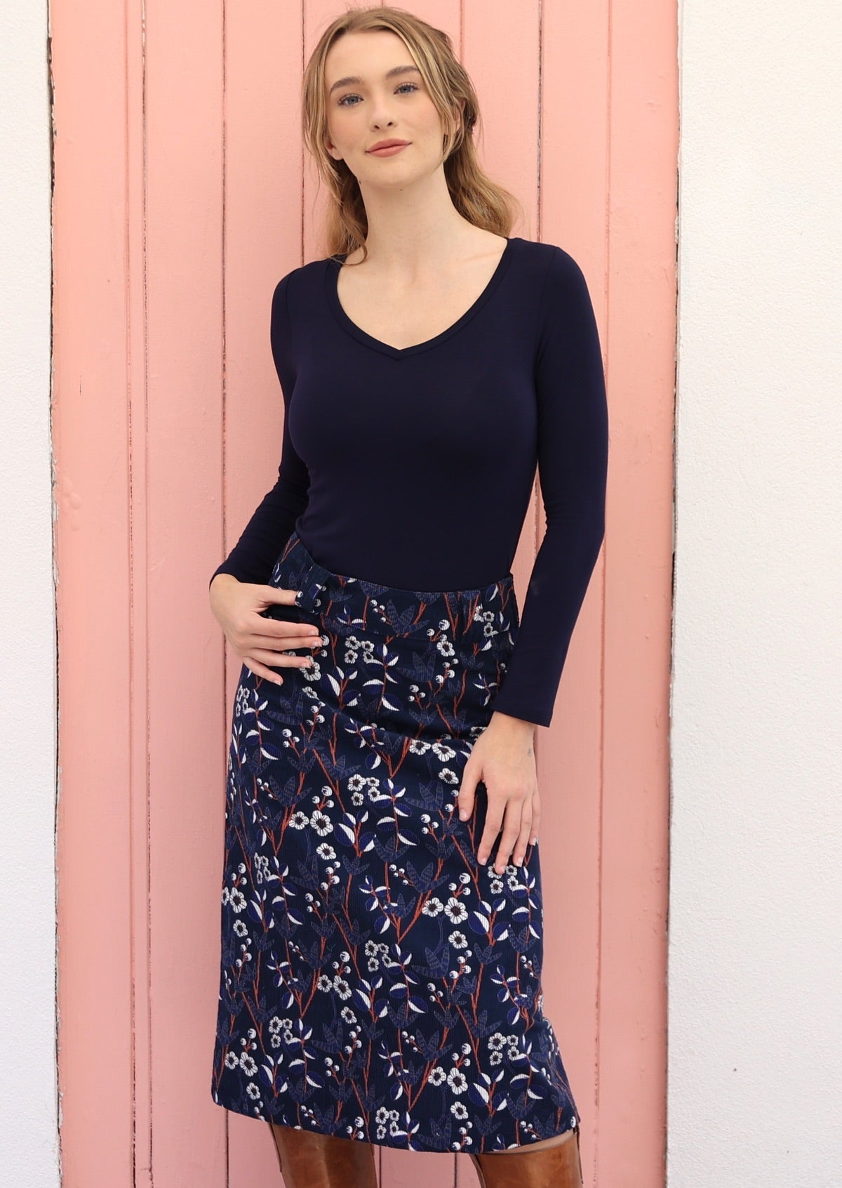 100% cotton A-line midi corduroy skirt with belt loops and gorgeous floral print