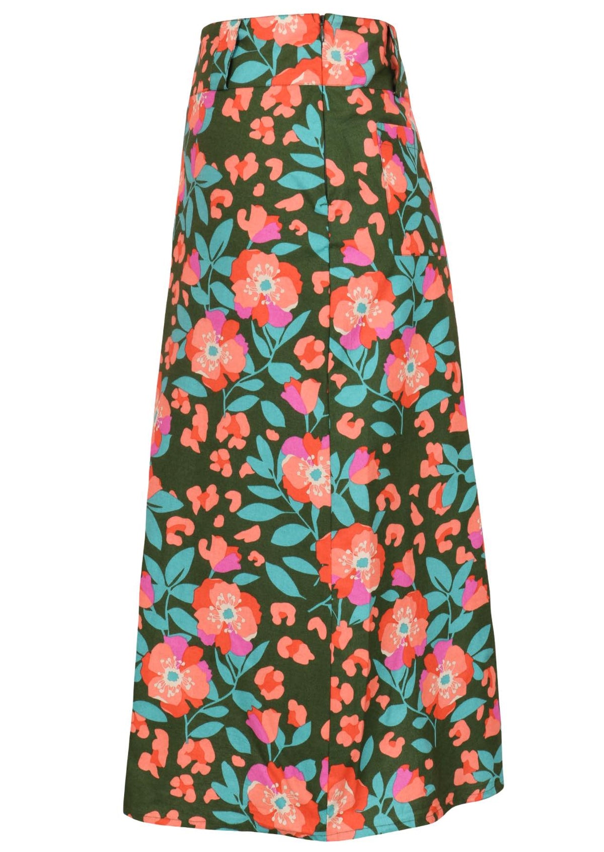 Side view of cotton A-line skirt in olive green based floral print with side zip.