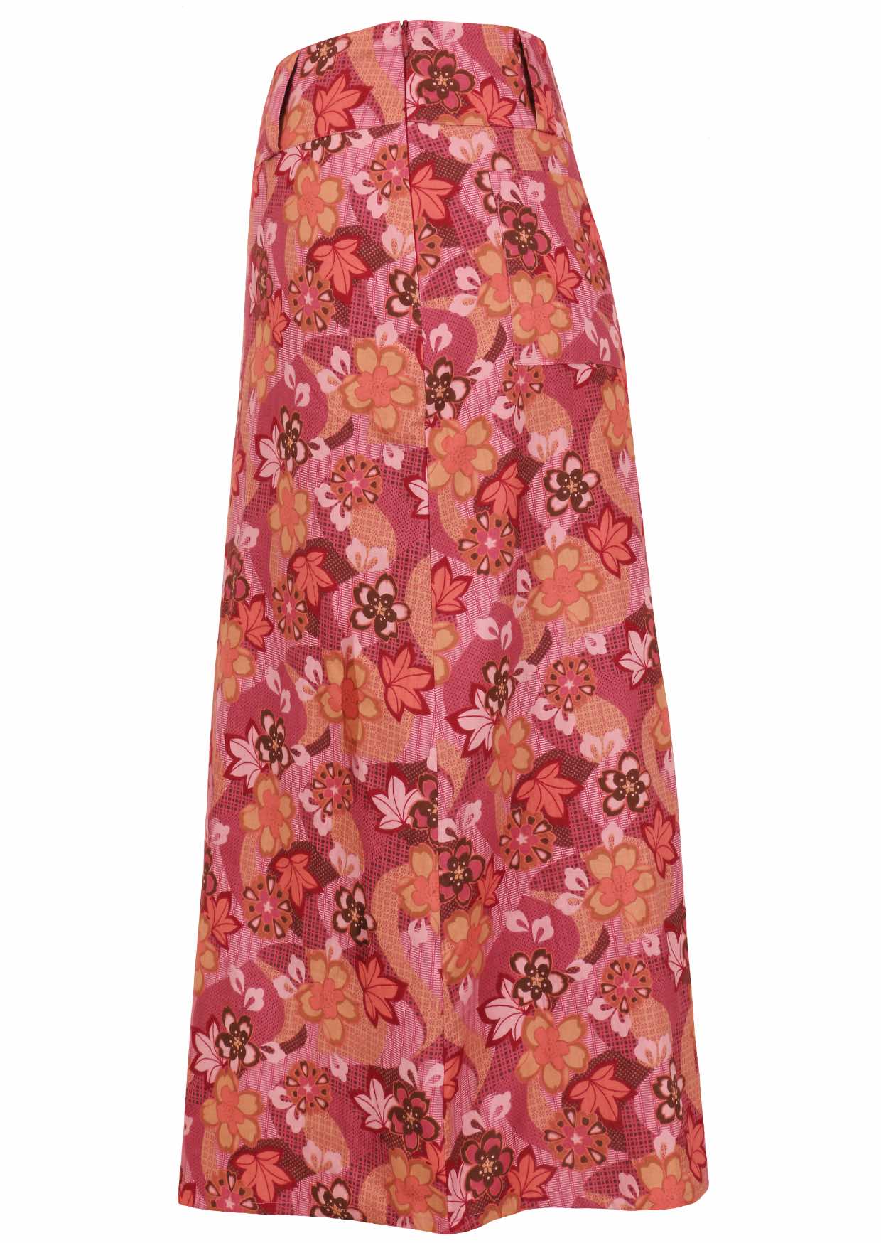 Japanese-style print cotton skirt in pink, maroon, brown, peach, and khaki tones with side zip.