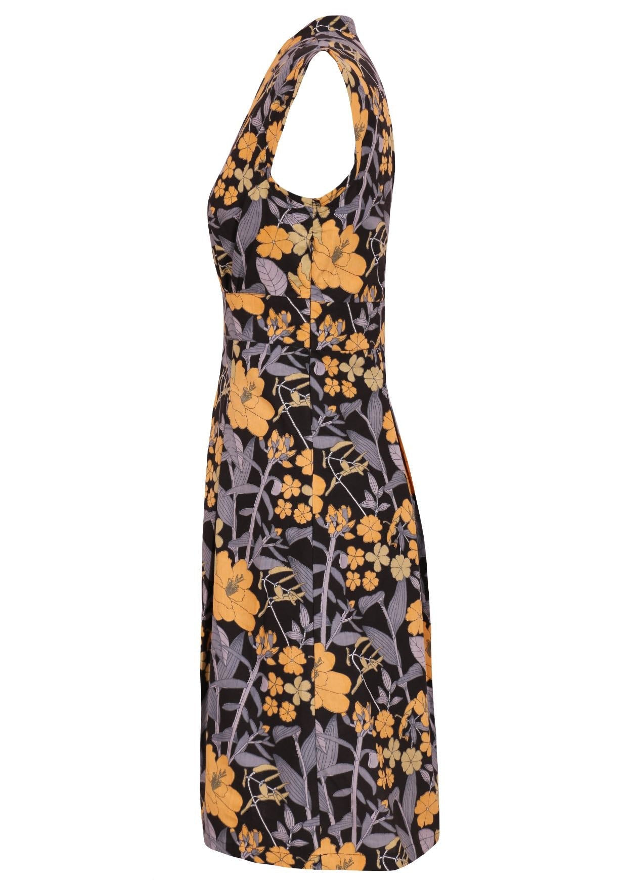 Retro style cotton dress with side zipper, cap sleeves and A line skirt in black based light yellow, green and grey floral print
