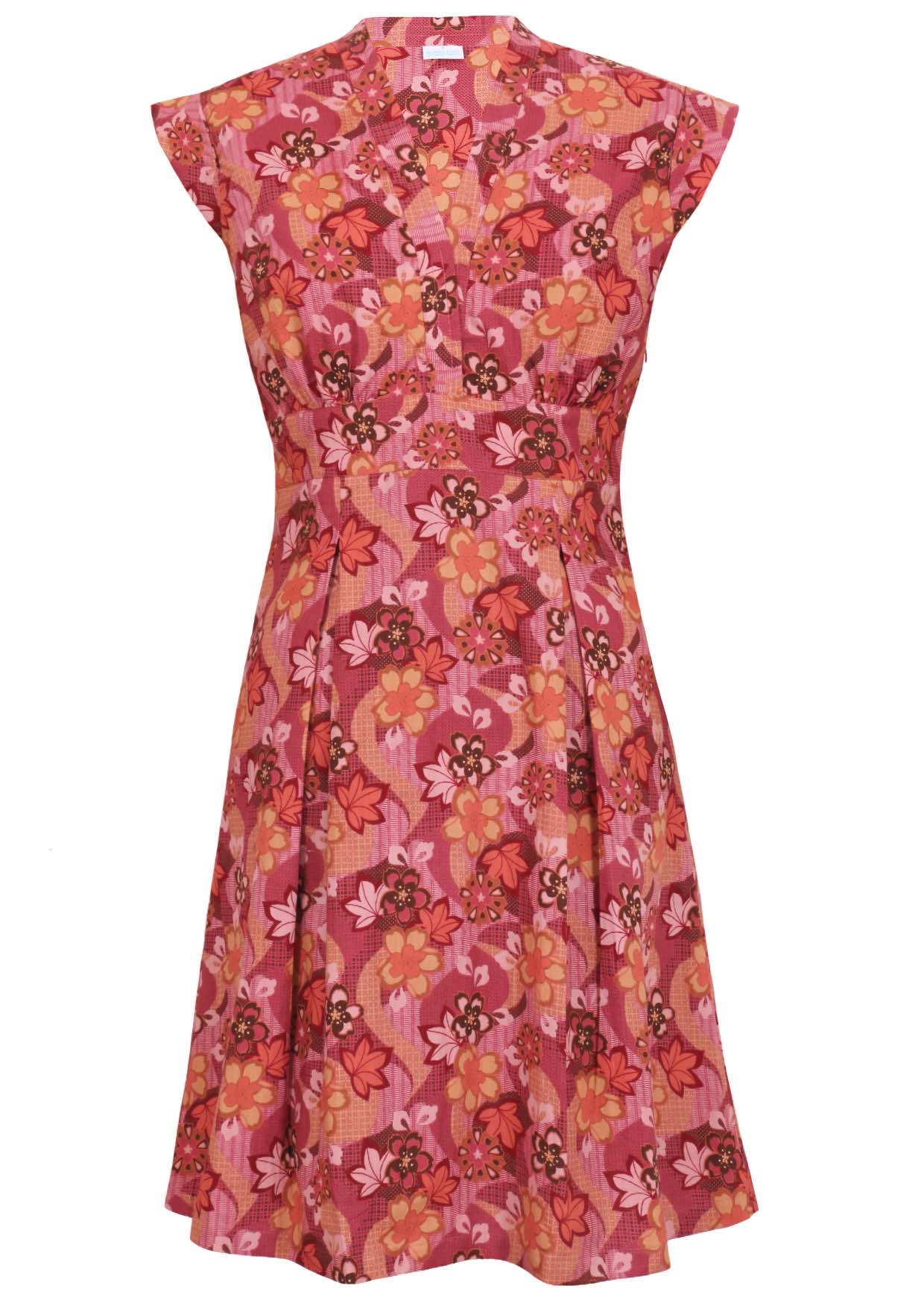 V-neck cotton dress with Japanese-style print in pink, maroon, brown, peach, and khaki tones.