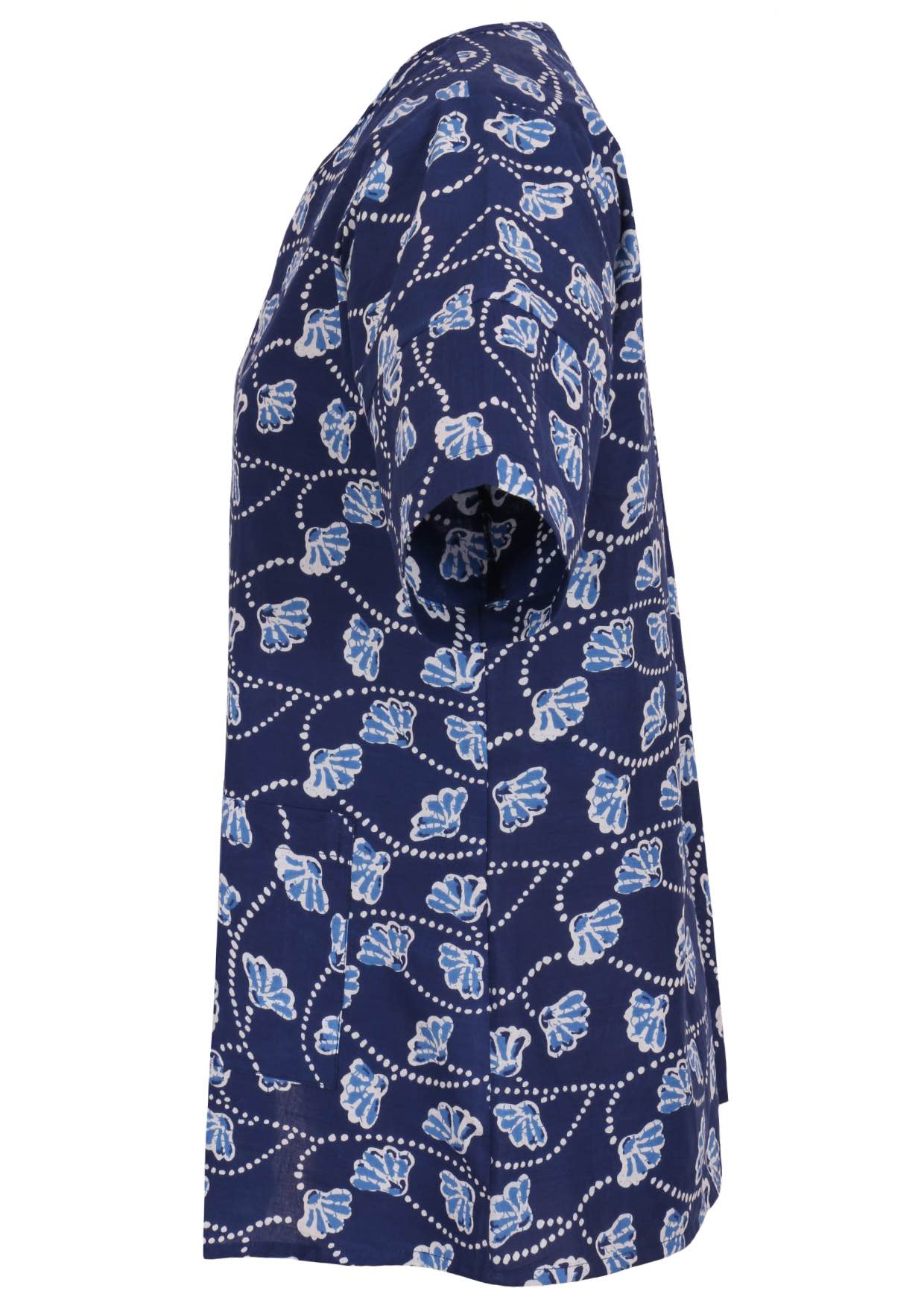 Side of navy based floral print cotton relaxed fit top with short sleeves and front pockets