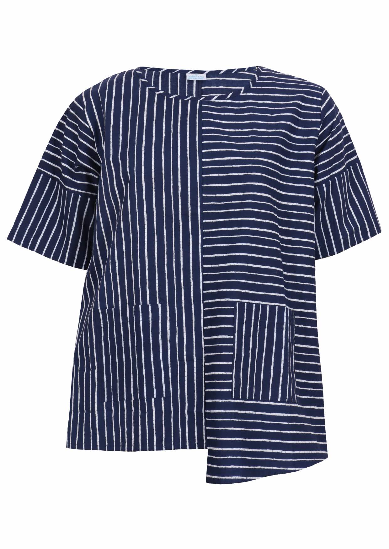 Navy and white striped cotton relaxed fit top with an asymmetrical hem line and front pockets