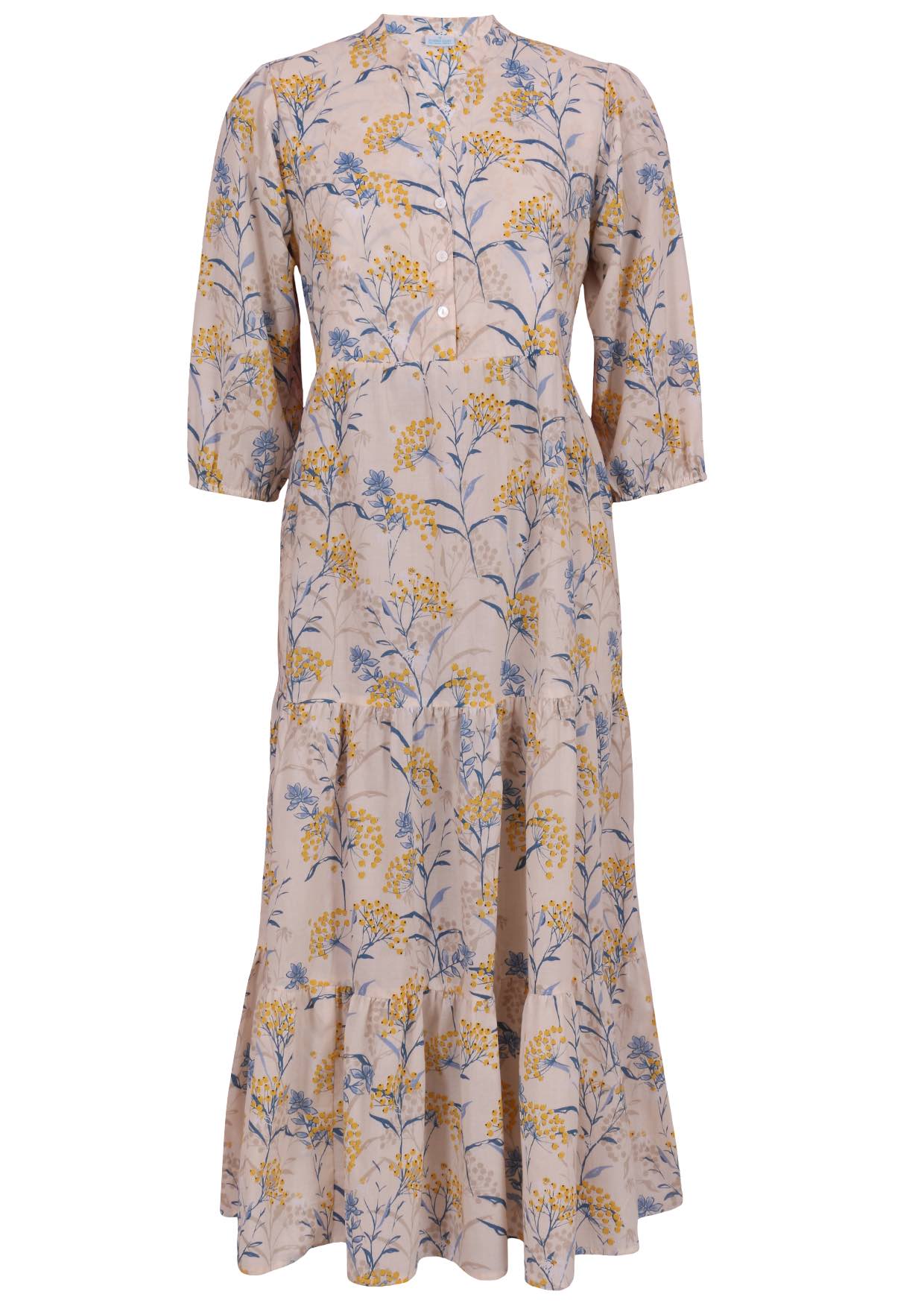 100% neutral based floral three tiered flowy maxi dress with buttoned bodice, 3/4 sleeves and mandarin collar