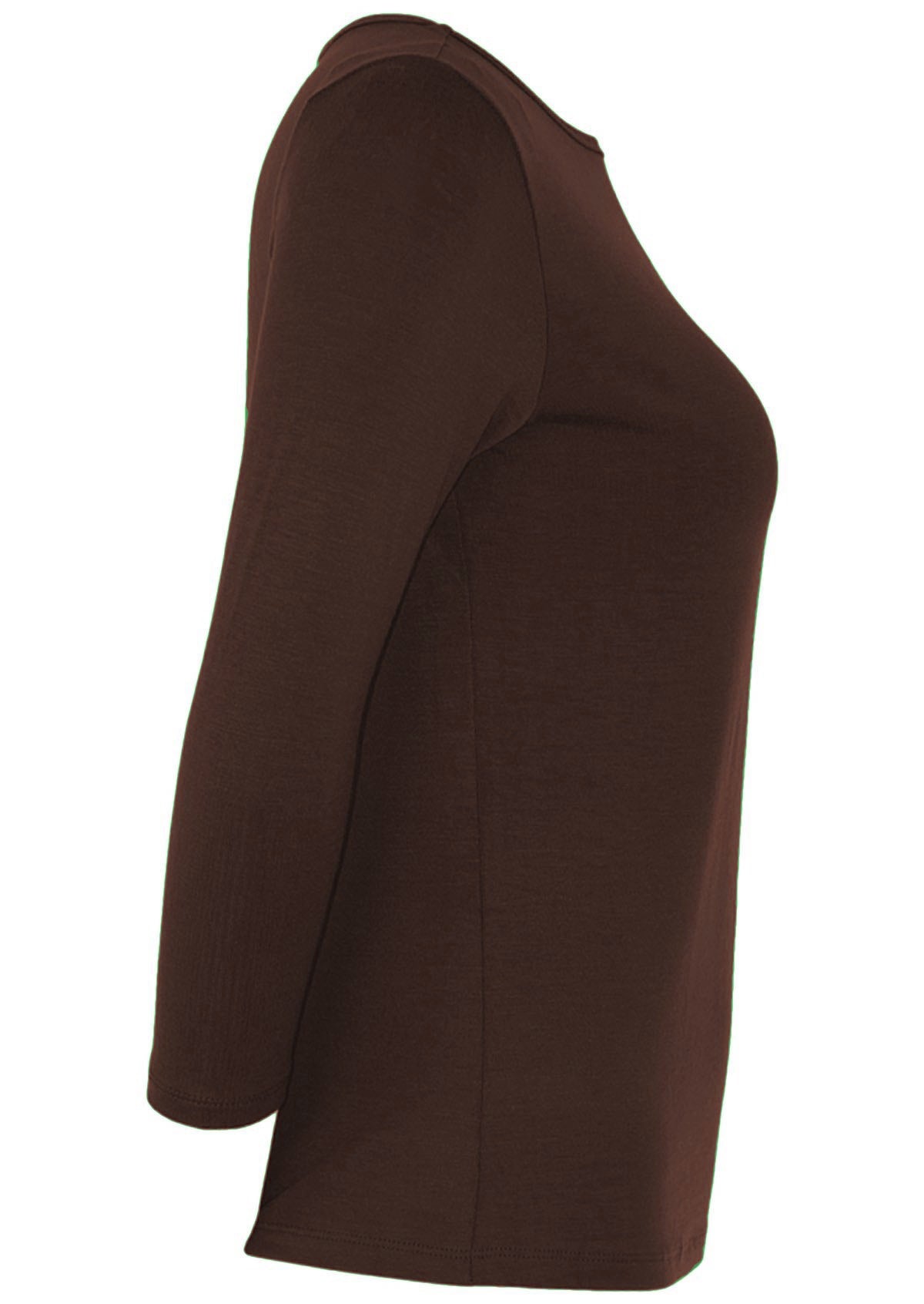 Side view of 3/4 sleeve soft, stretch rayon jersey top with boat neckline in dark brown