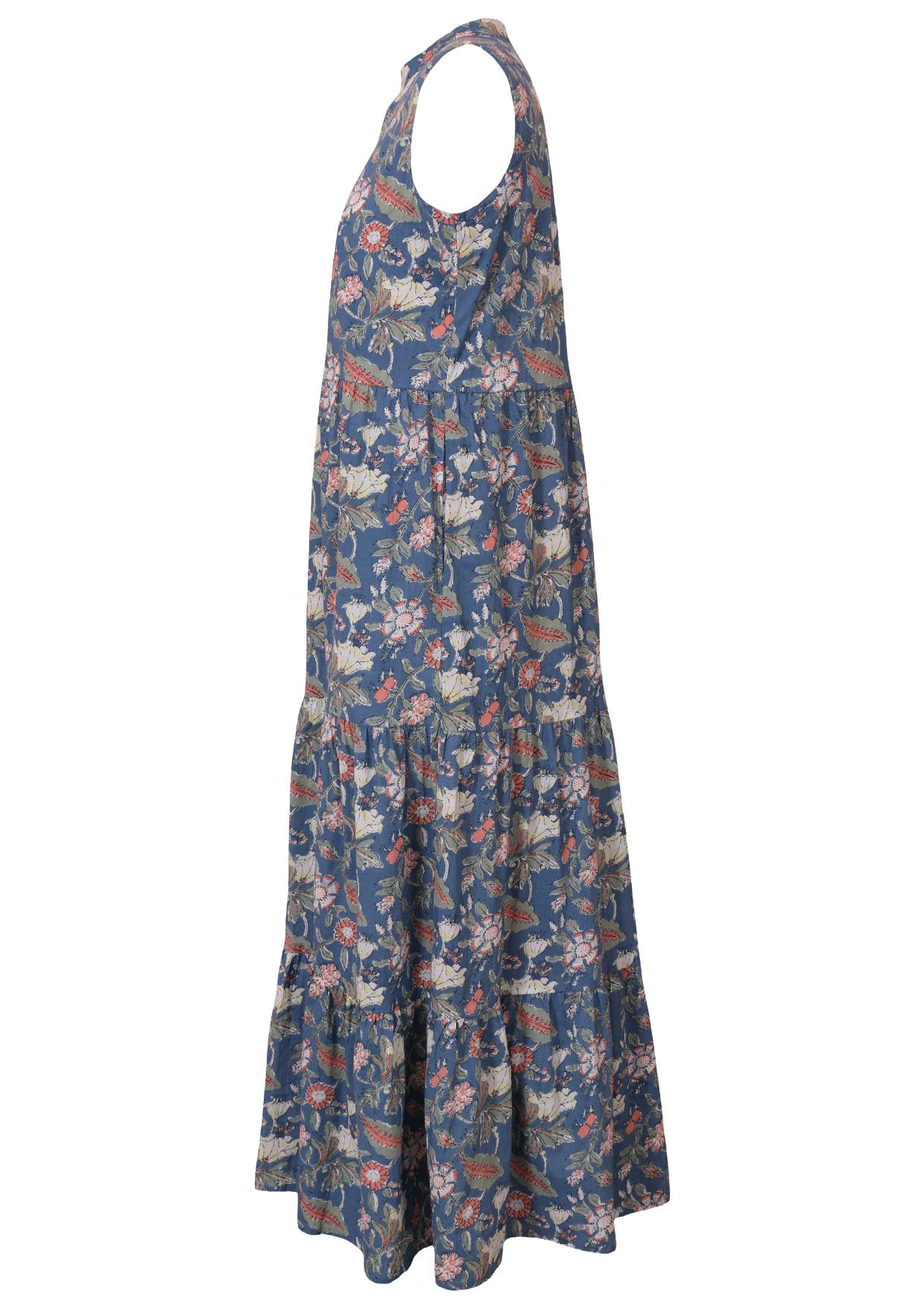 100% cotton sleeveless maxi dress with hidden side pockets and sweet floral print on blue base