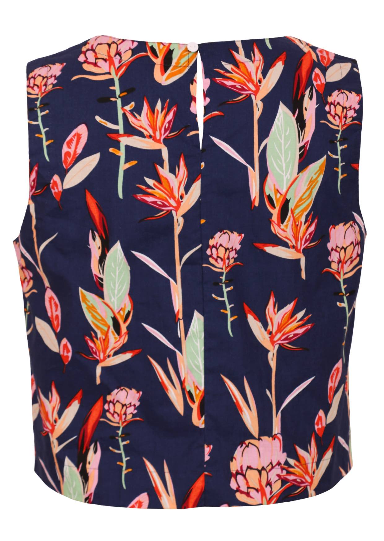 100% cotton sleeveless top with pink and green native floral print.