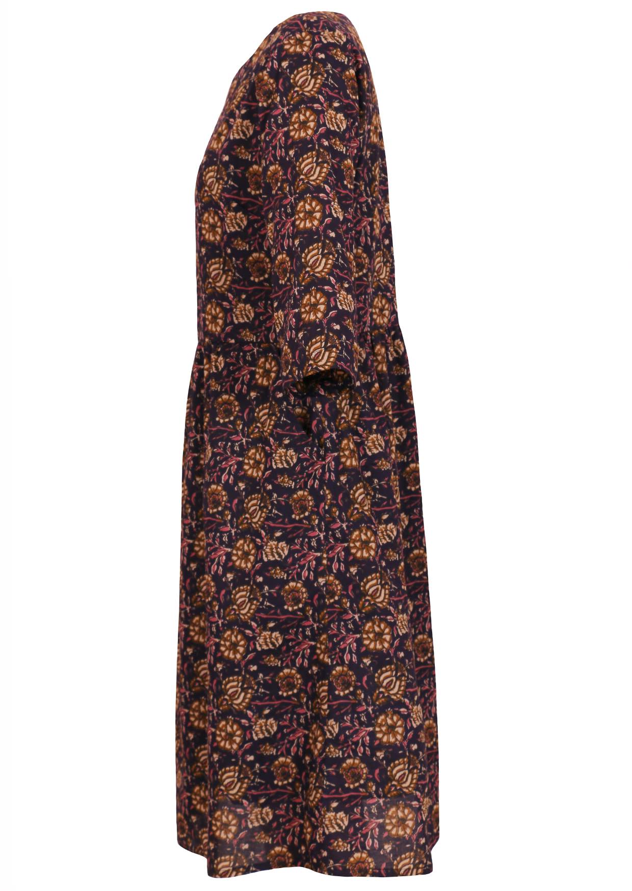 Relaxed fit knee length cotton dress with pockets in Indian floral print on dark purple base.