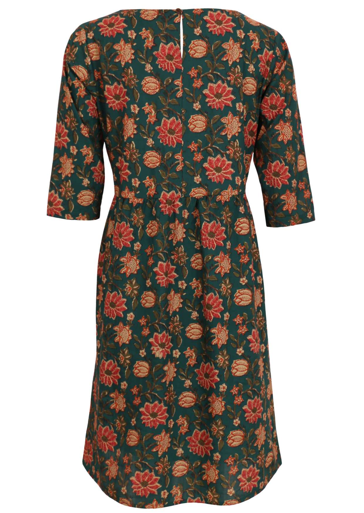 Back mannequin image of a above knee length cotton dress with 3/4 sleeves and keyhole button closure at the back.