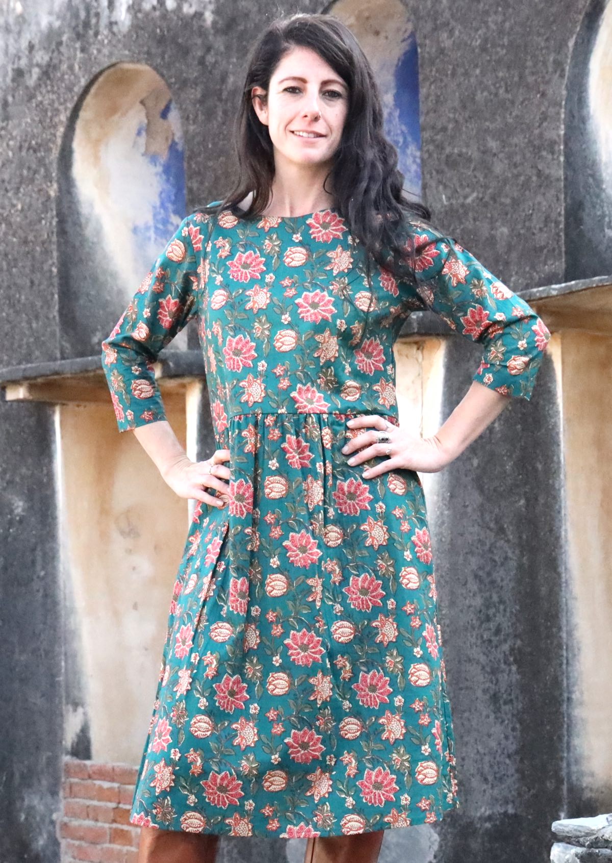 100% cotton above knee length dress with 3/4 sleeves, pockets and lining.