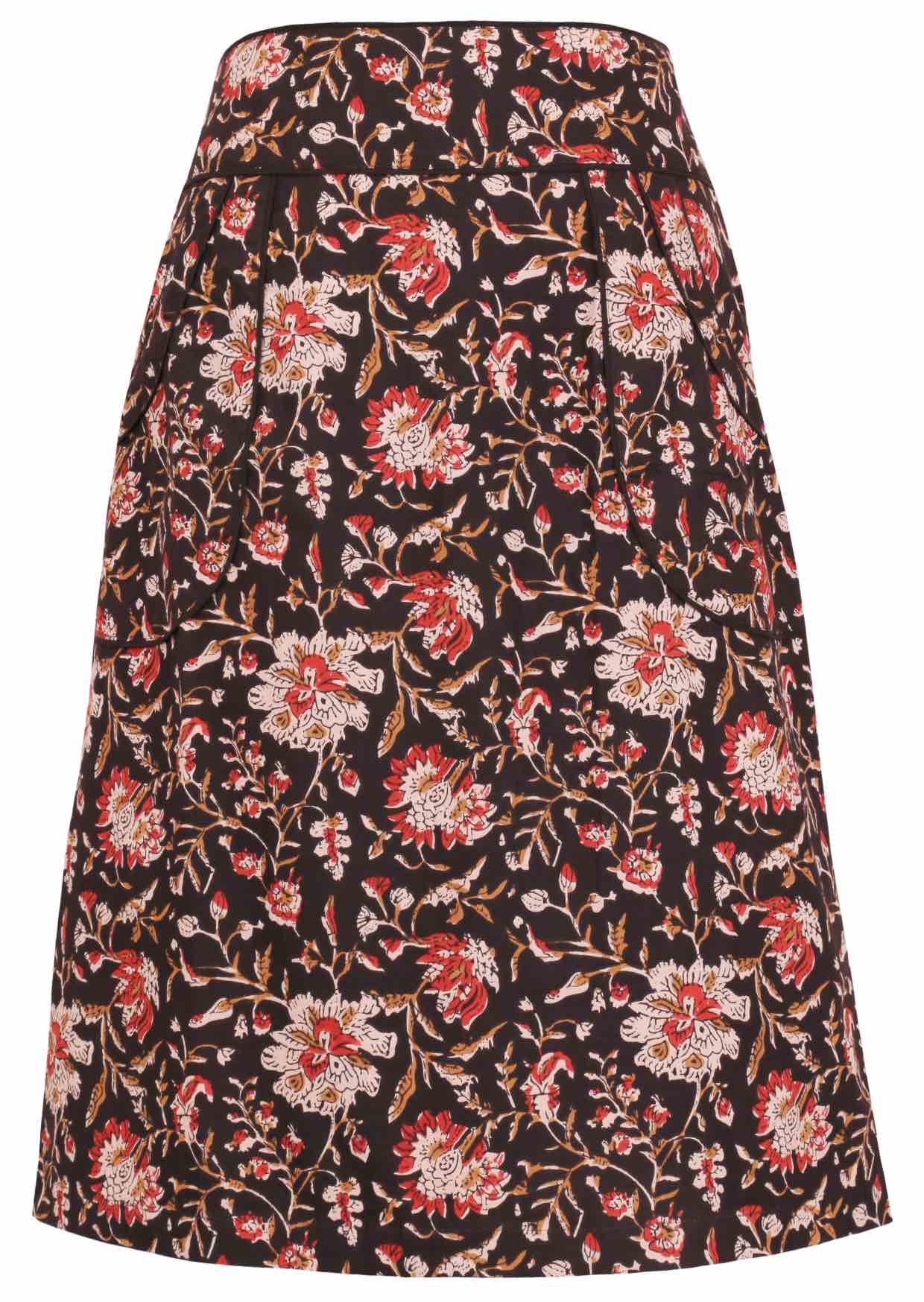 100% cotton knee length pencil skirt in black based floral print with side zipper and piped details across the waist and pocket