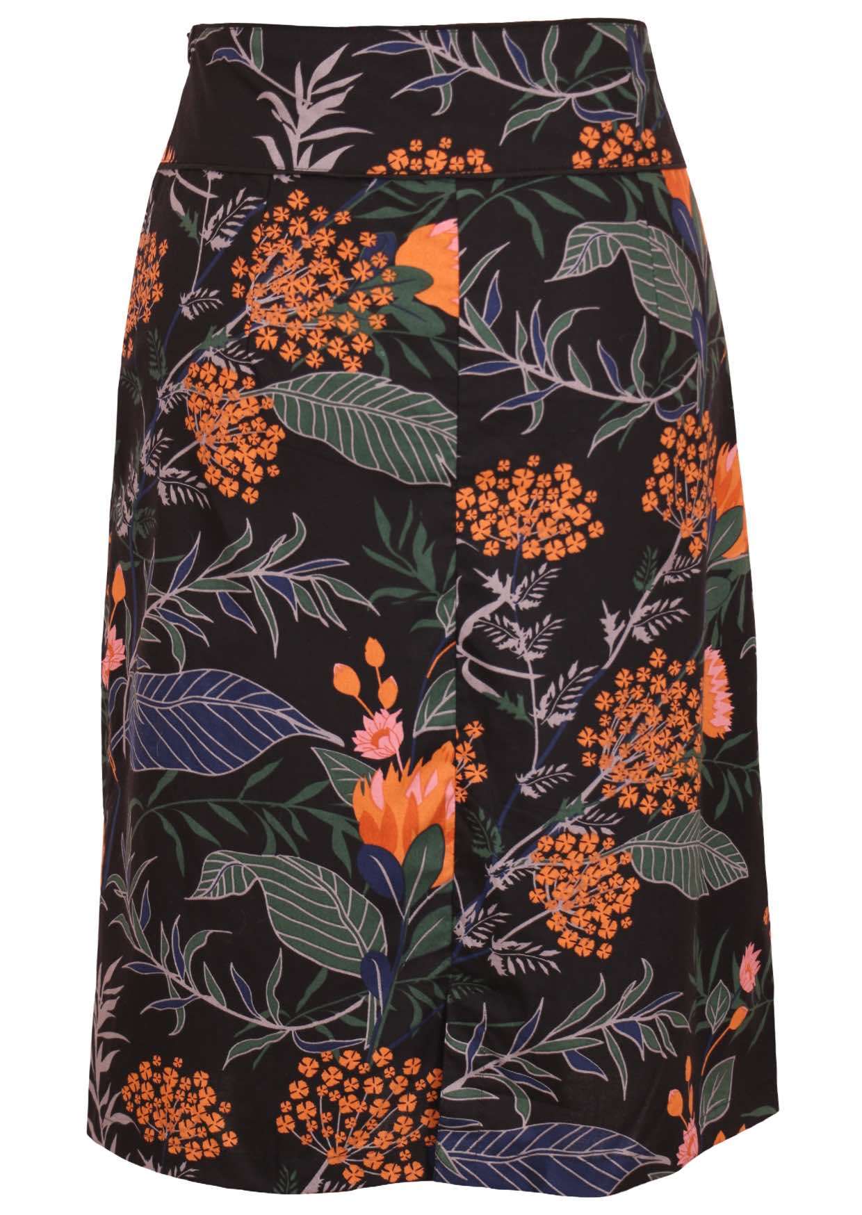 Back view of cotton pencil skirt with piped details around the waistband and small split at middle bottom hem