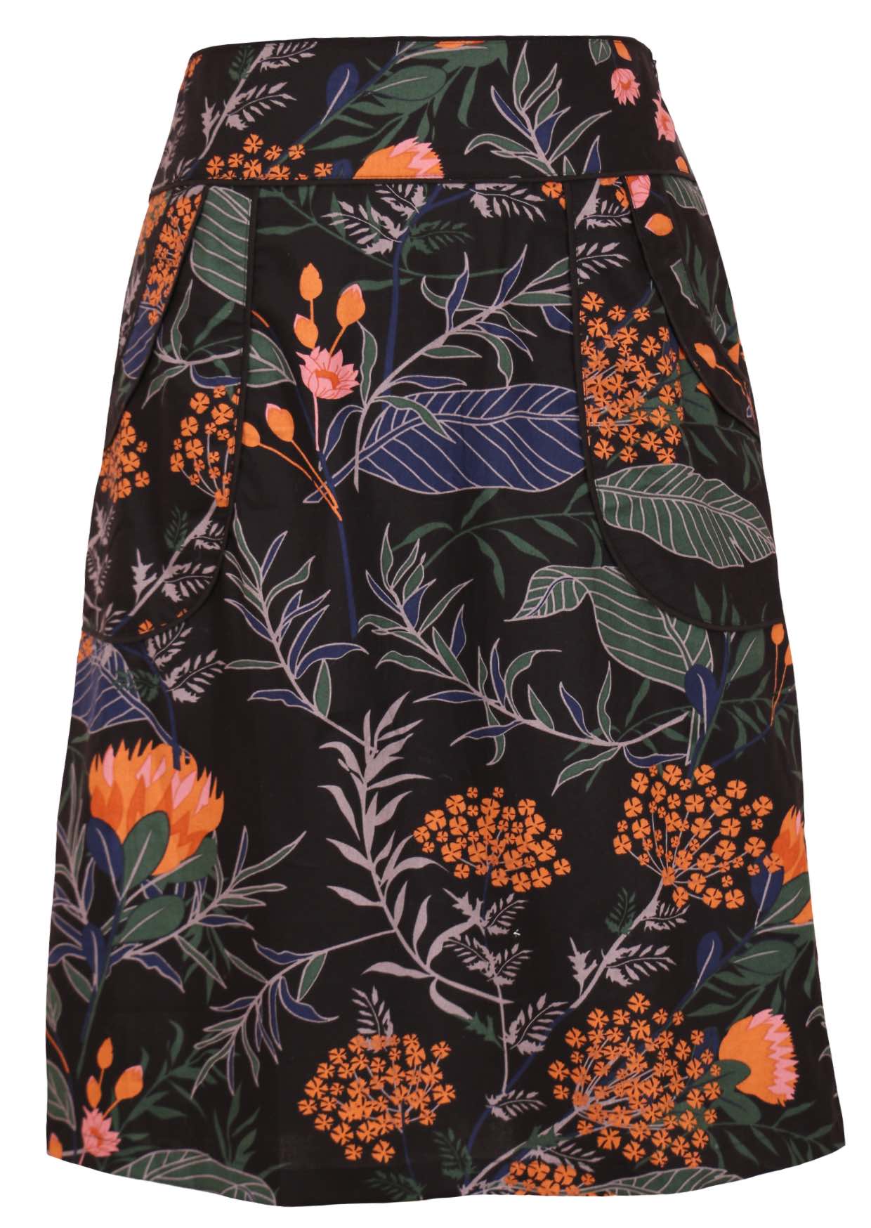 100% cotton knee length pencil skirt in bold botanical print with side zipper and piped details across the waist and pocket