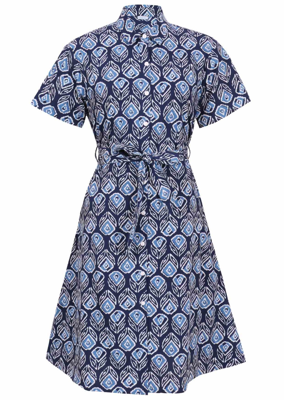 Button through shirt style cotton dress with collar, short sleeves and fabric waist tie