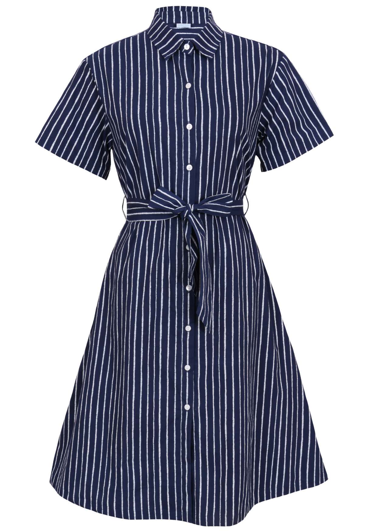 Button through shirt style cotton dress with collar, short sleeves and fabric waist tie