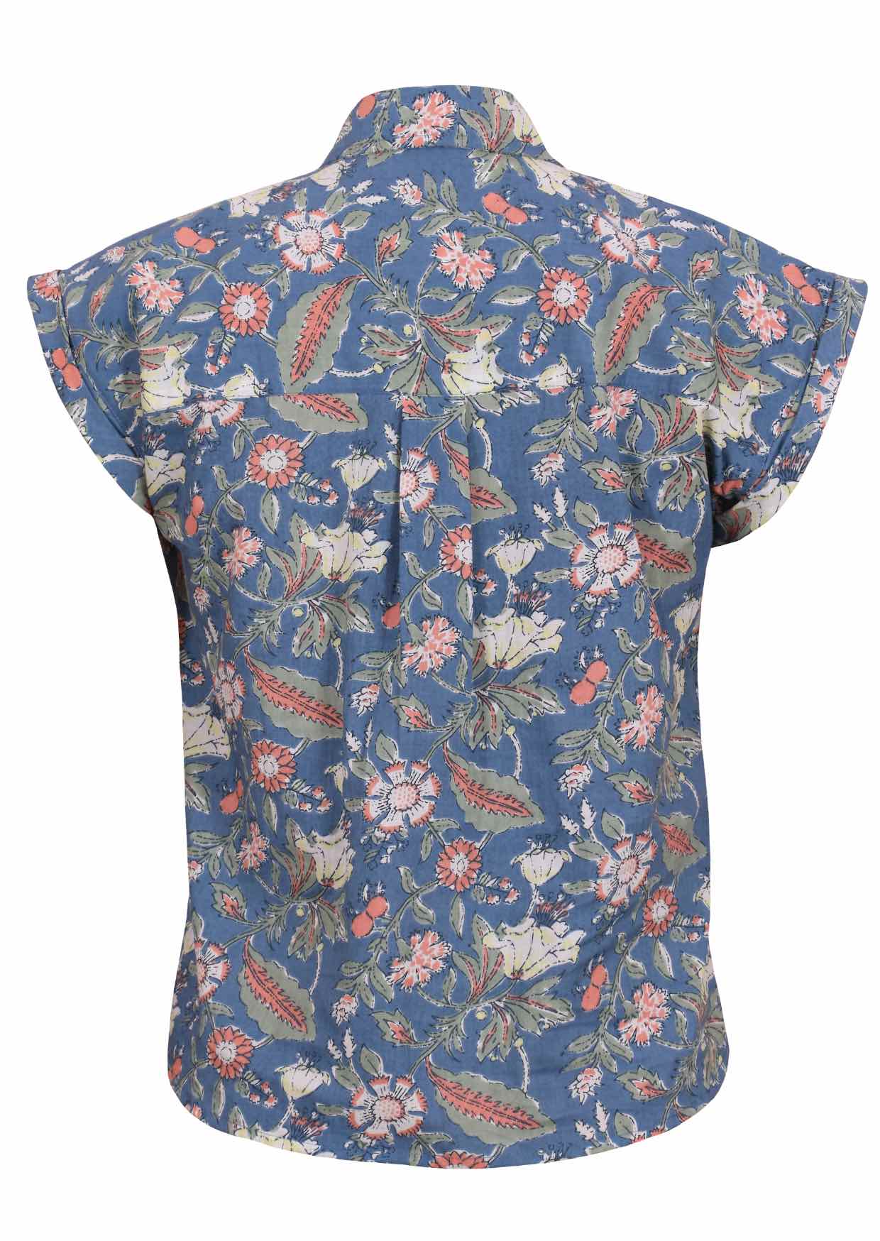 Slim fit cotton cap sleeved button through shirt with collar and centre box pleat in back