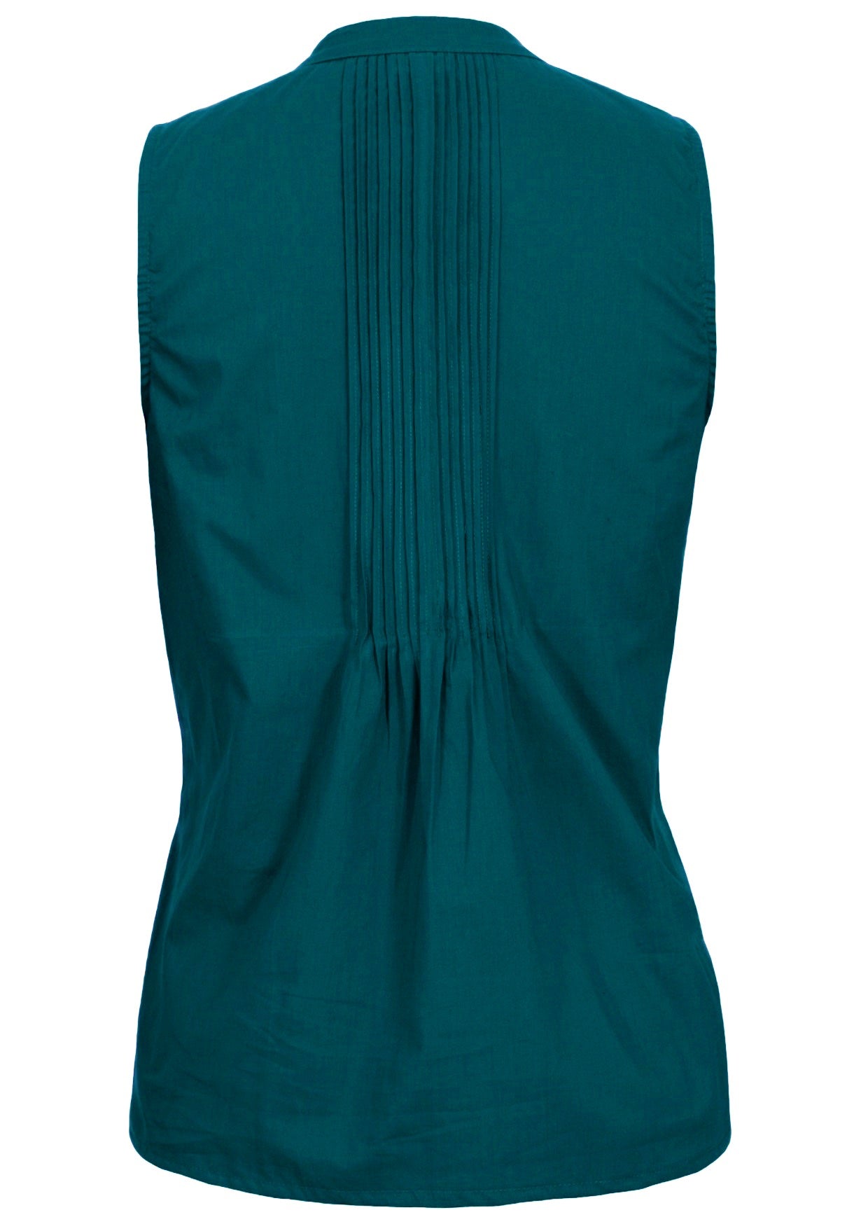 Back view of 100% cotton sleeveless top with mandarin collar and tiny decorative pleats in the centre of the back