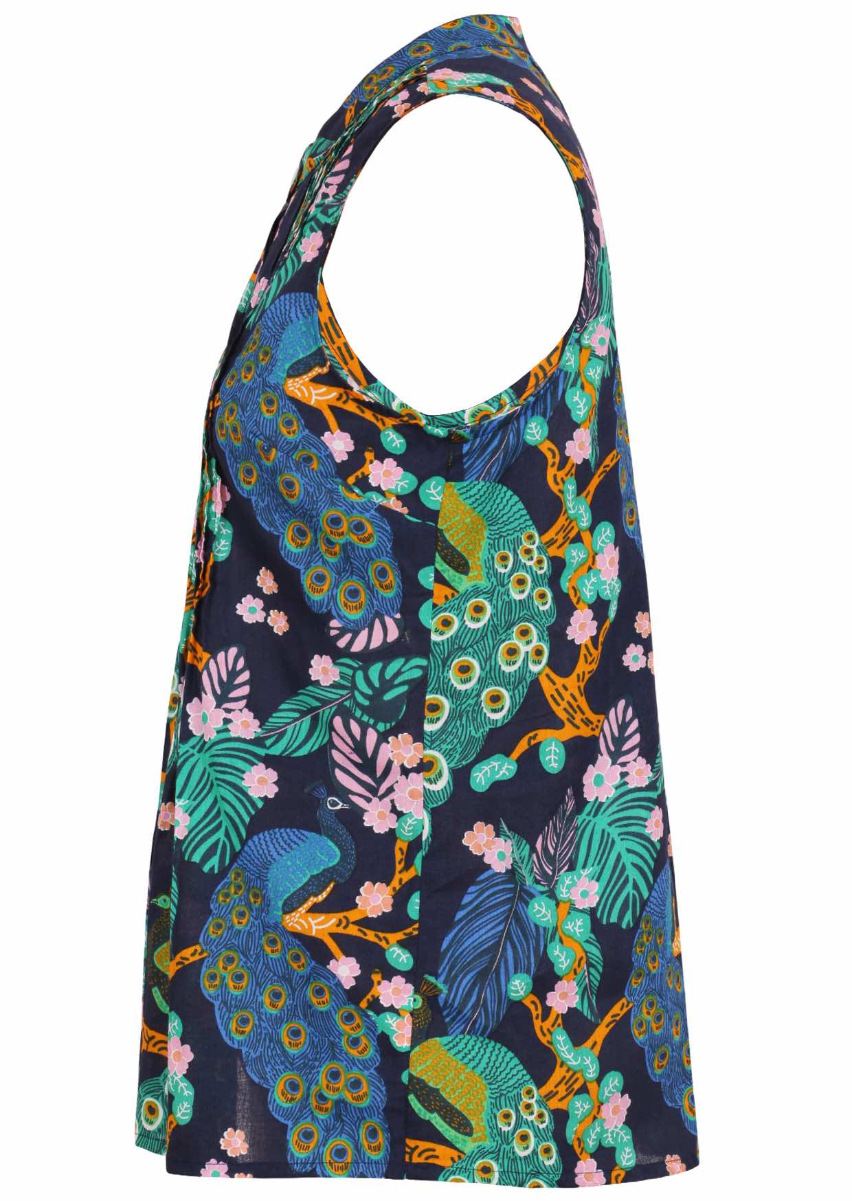 Side view of 100% cotton sleeveless top with decorative vertical pleats and mandarin buttoned collar