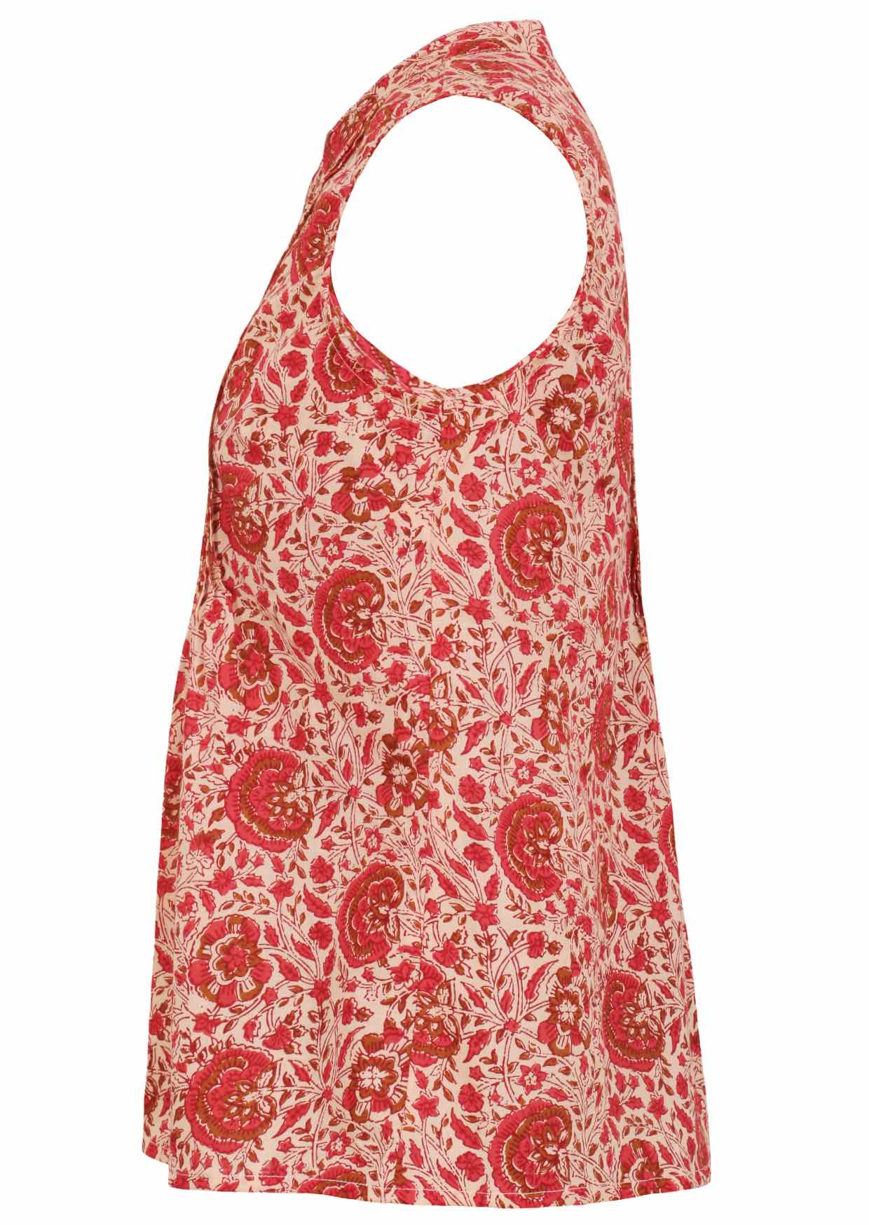 Side view of 100% cotton sleeveless top with decorative vertical pleats and mandarin buttoned collar