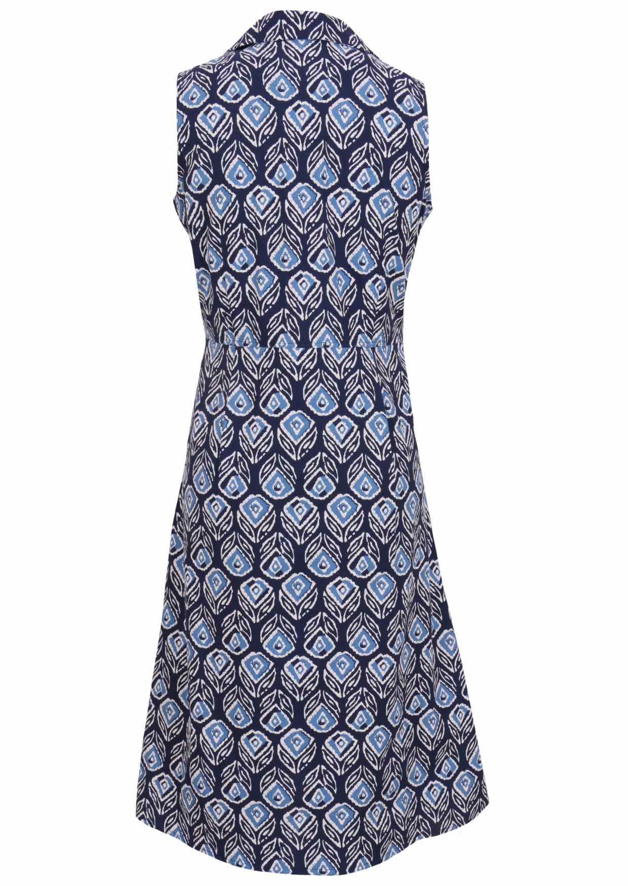 Back view of 100% cotton midi length, sleeveless collared dress with pockets, a-line skirt and button through front