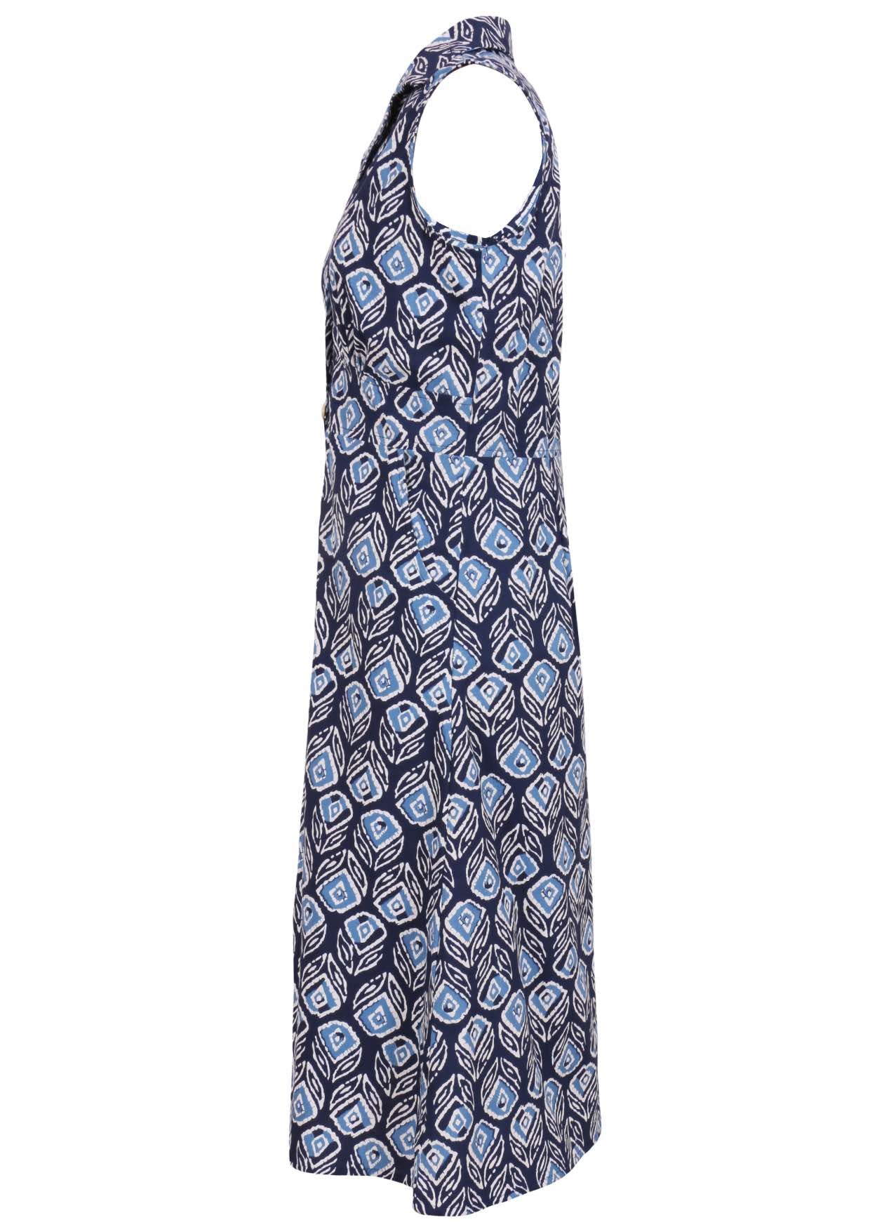 Sleeveless cotton, collared dress with button through front, pockets and gathers under the bust in navy blue based floral print