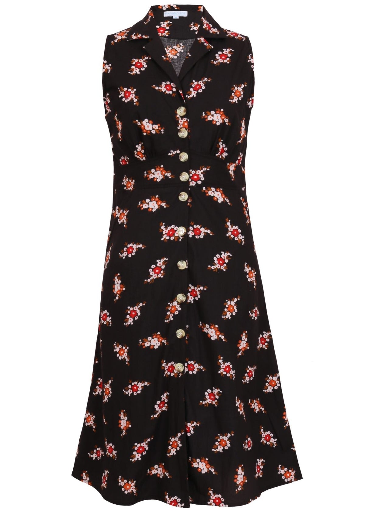 100% cotton sleeveless midi length, button through dress with collar and pockets in black based floral print