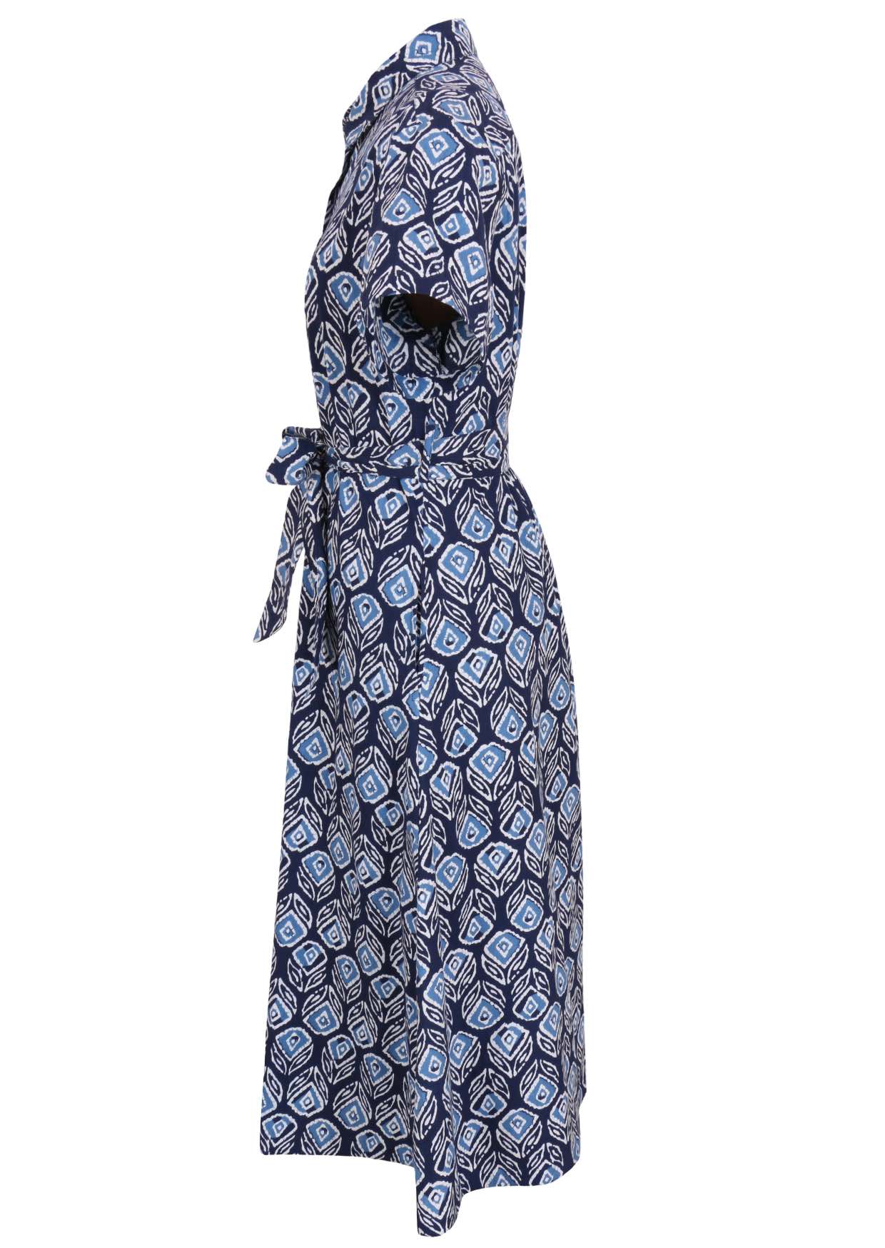 100% cotton shirt style maxi dress with removable fabric waist tie and side pockets in a navy blue based print