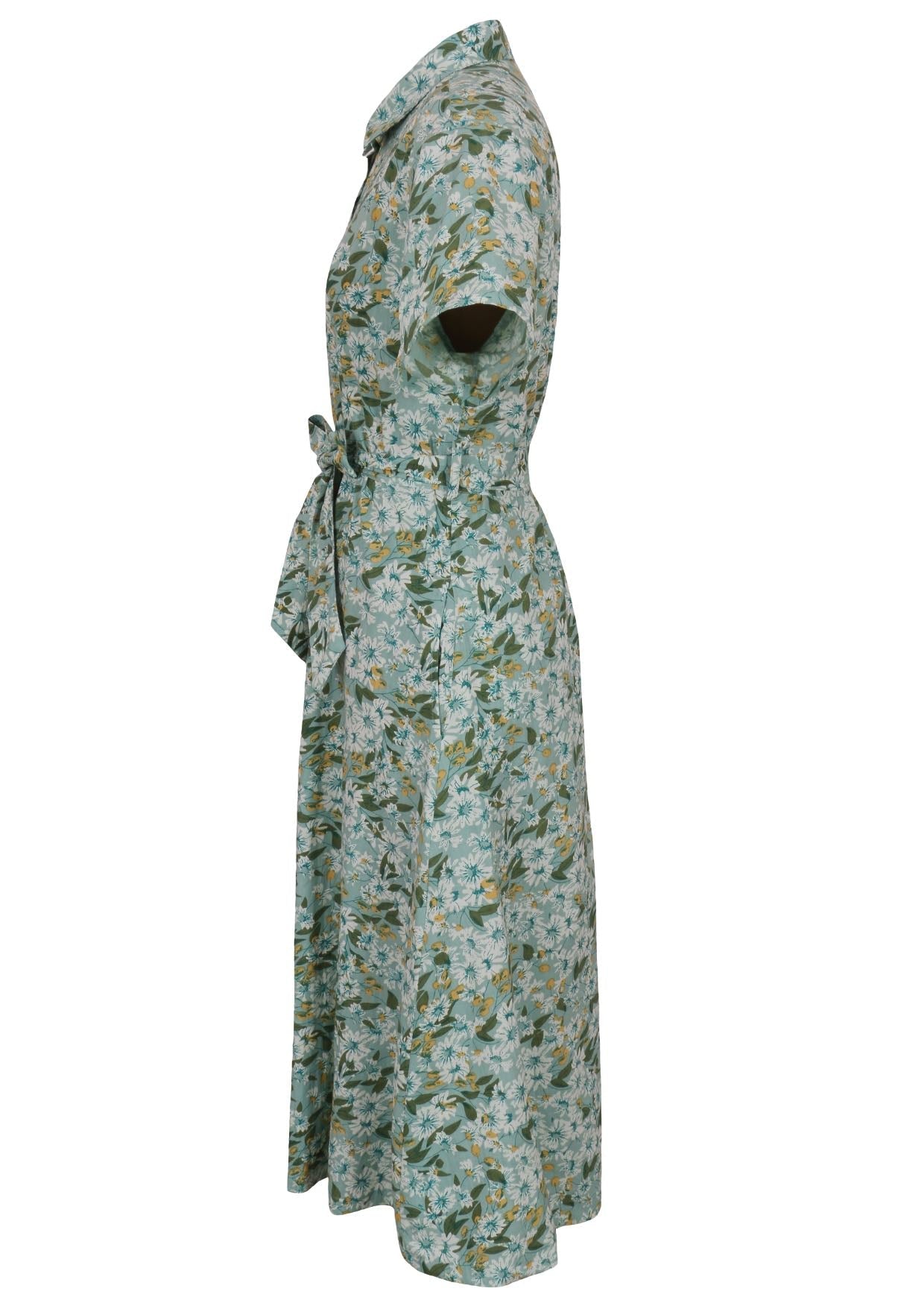 100% cotton shirt style maxi dress with removable fabric waist tie and side pockets in a sage green based floral print