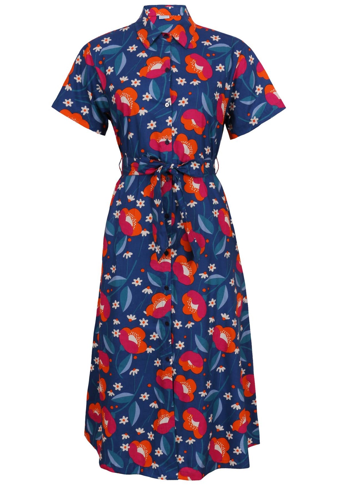 Button through shirt style cotton dress with collar, short sleeves and fabric waist tie