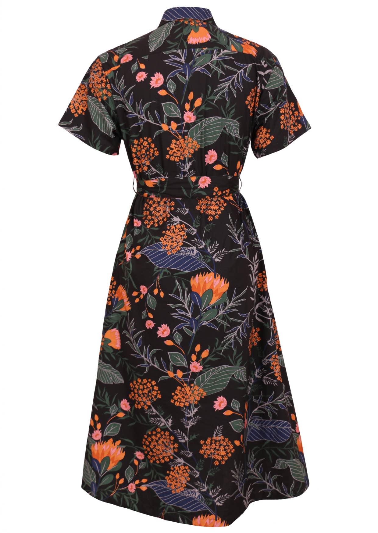 Button through cotton shirt dress with short sleeves, pockets and structured collar