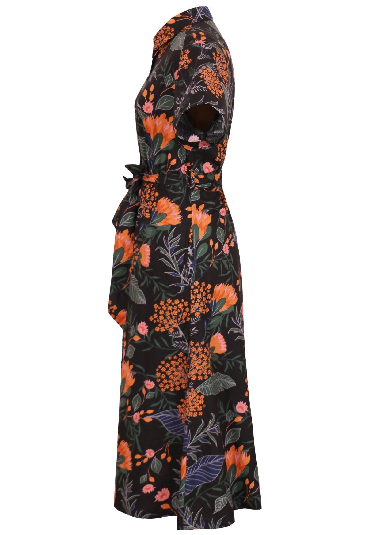 100% cotton shirt style maxi dress with removable fabric waist tie and side pockets in a moody botanical print on black base