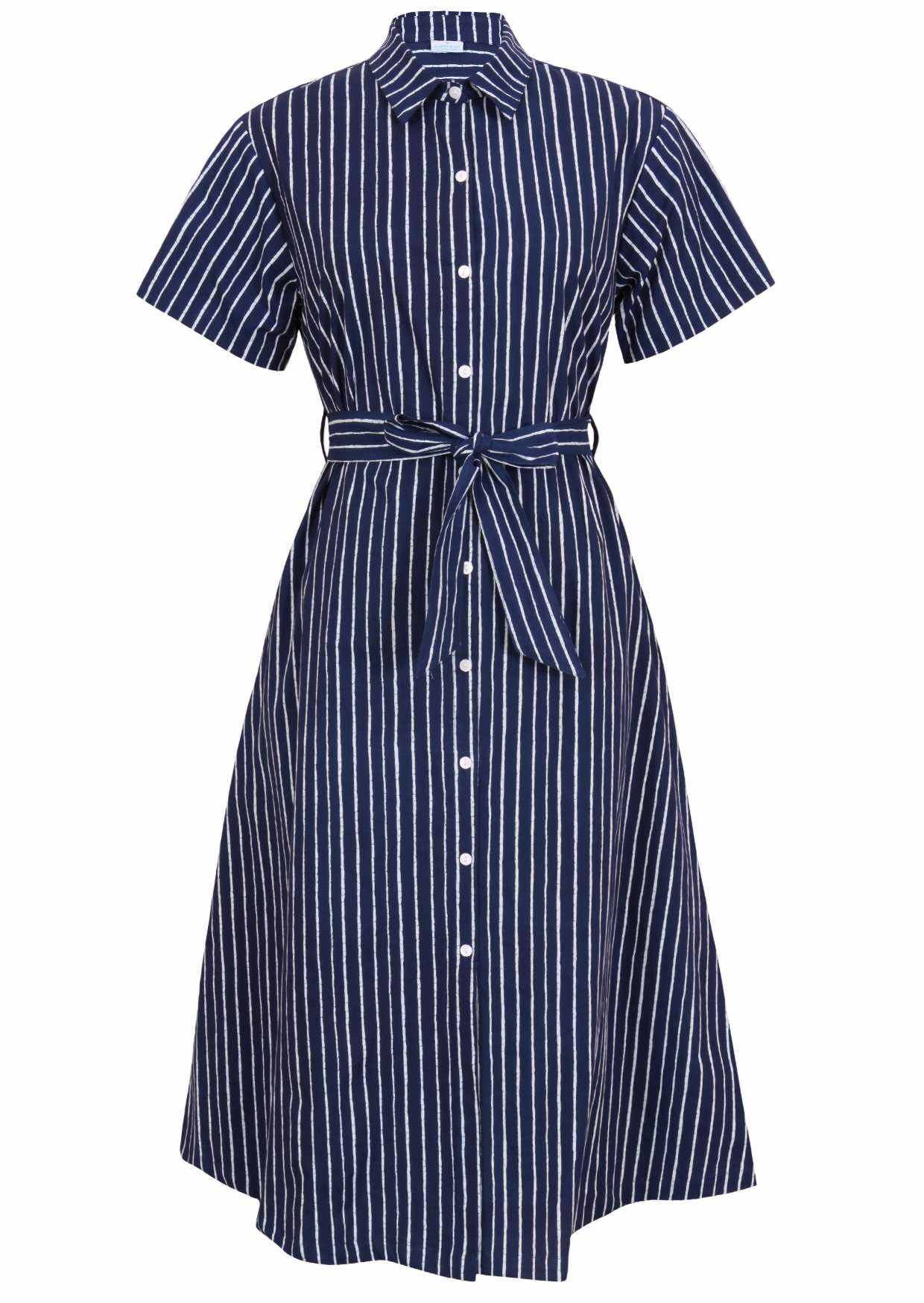 Button through shirt style cotton dress with collar, short sleeves and fabric waist tie