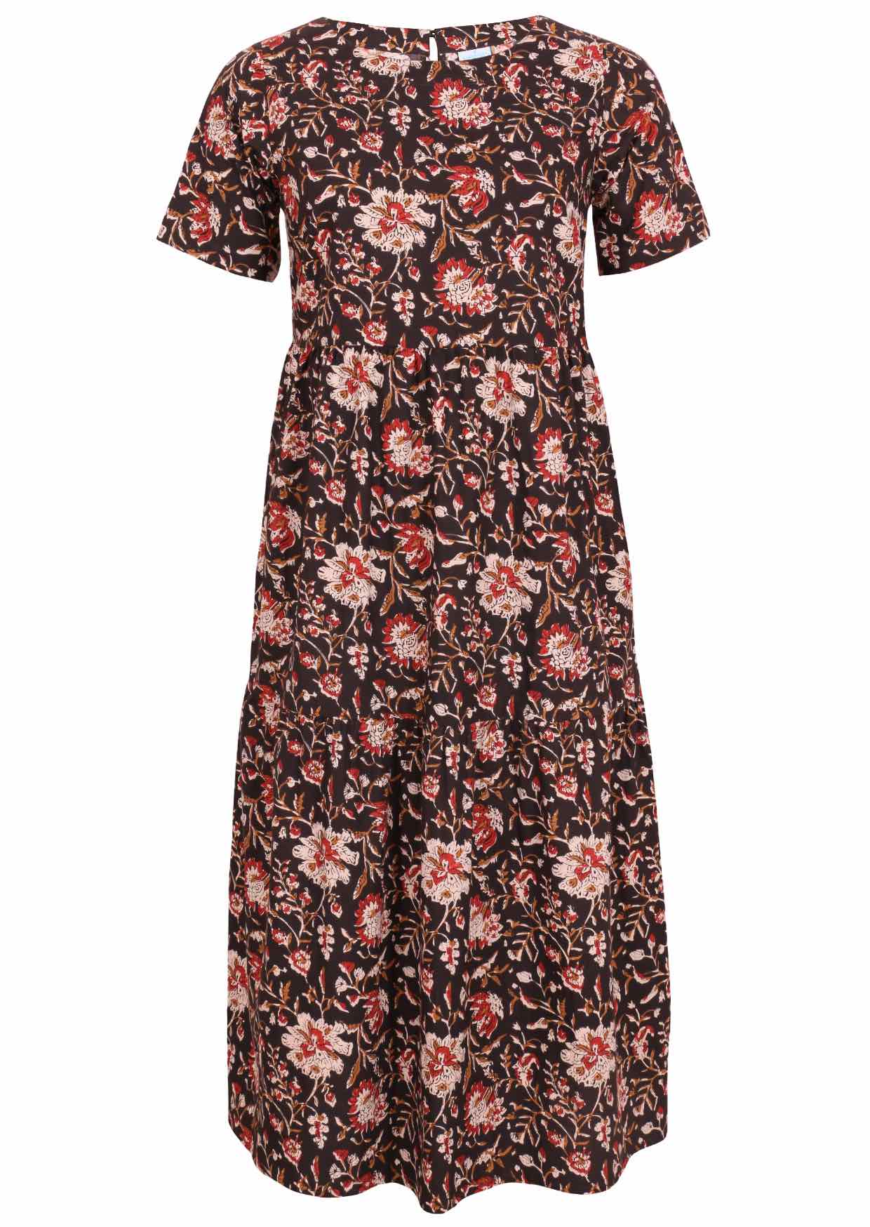 Black based traditional Indian floral print cotton dress with round neckline.