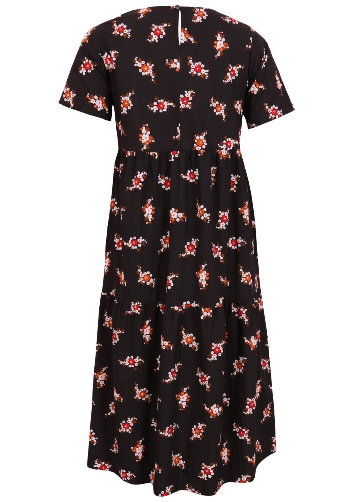 Cotton midi length dress with short sleeves, three tiered skirt and button closure at back of the neck