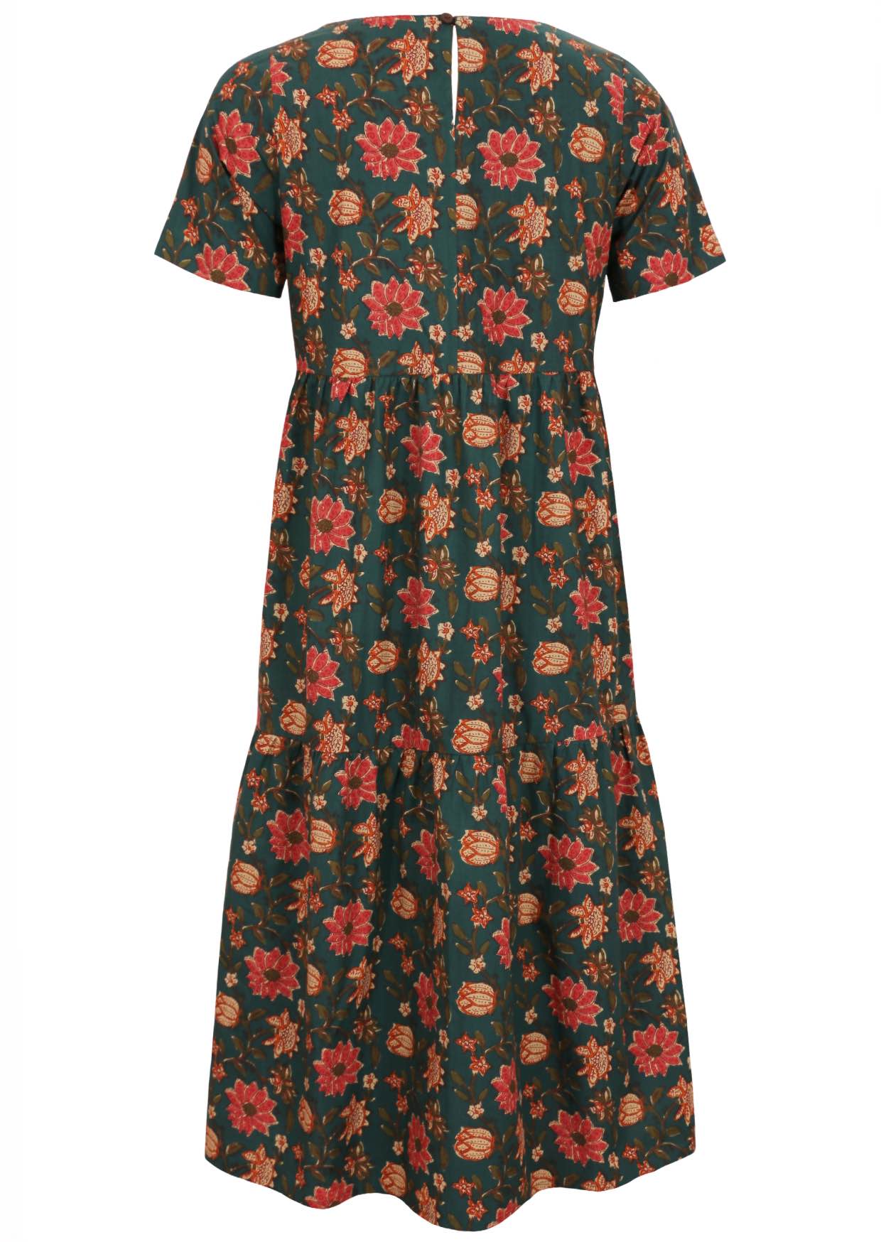 Cotton midi length dress with short sleeves, tiered skirt and button closure at back of neck.