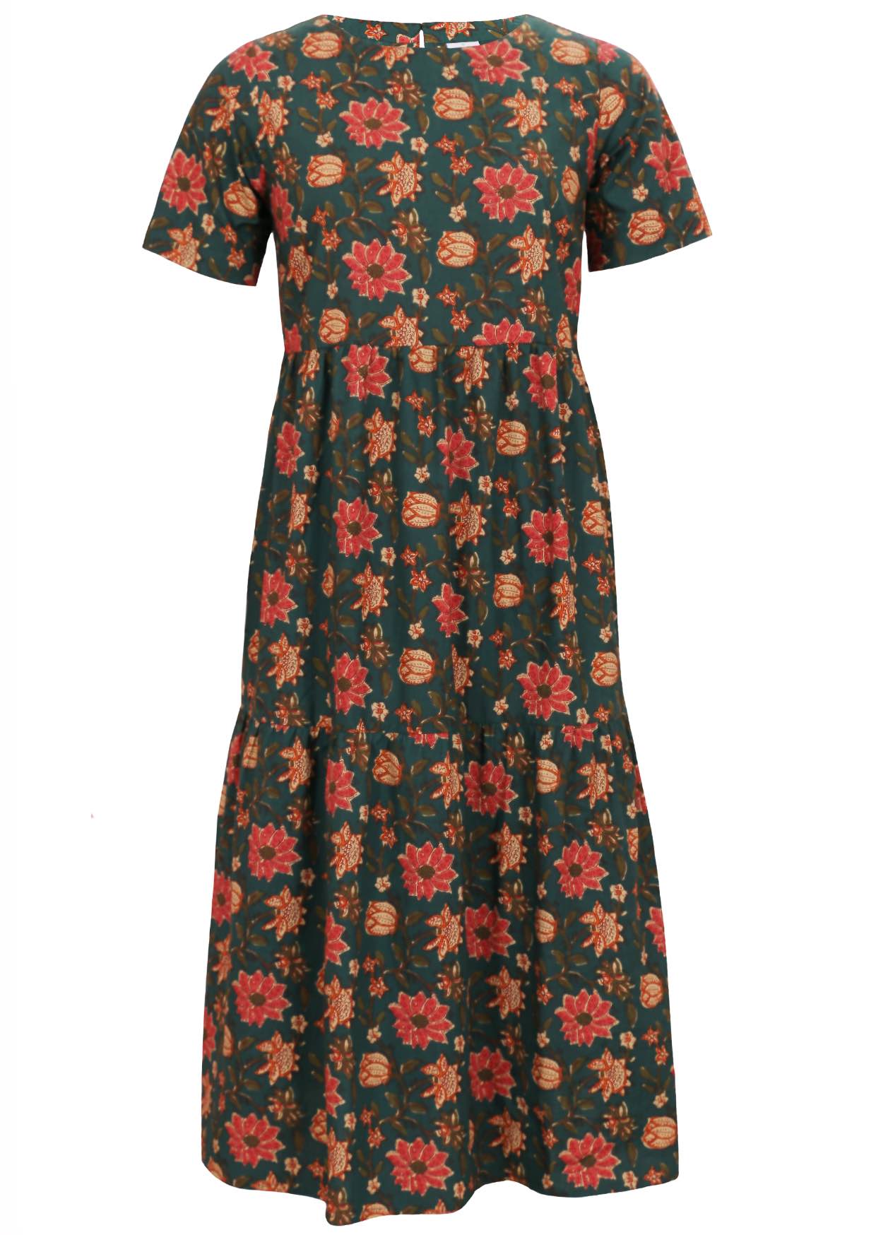 100% cotton midi length dress with short sleeves, tiered skirt and empire waist.