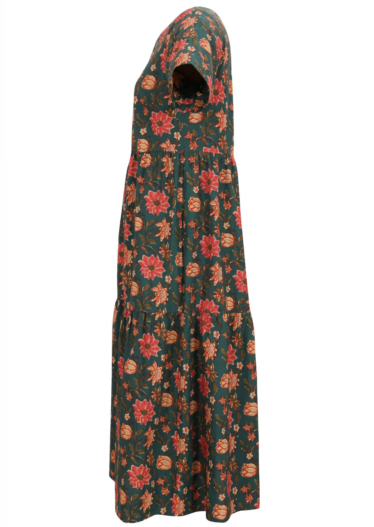 Cotton short sleeves midi length dress in beautiful vanya print showcasing cream, pink and orange florals on deep green base.