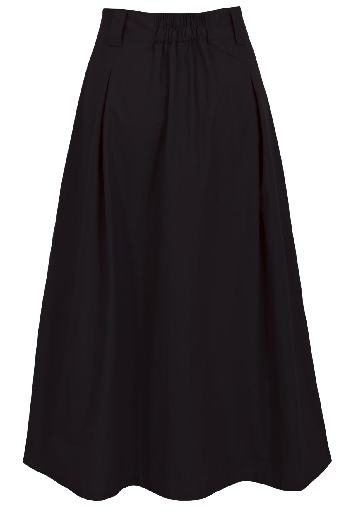 Back view of ankle length button through black cotton skirt with belt loops, box pleats and elastic at the back waist