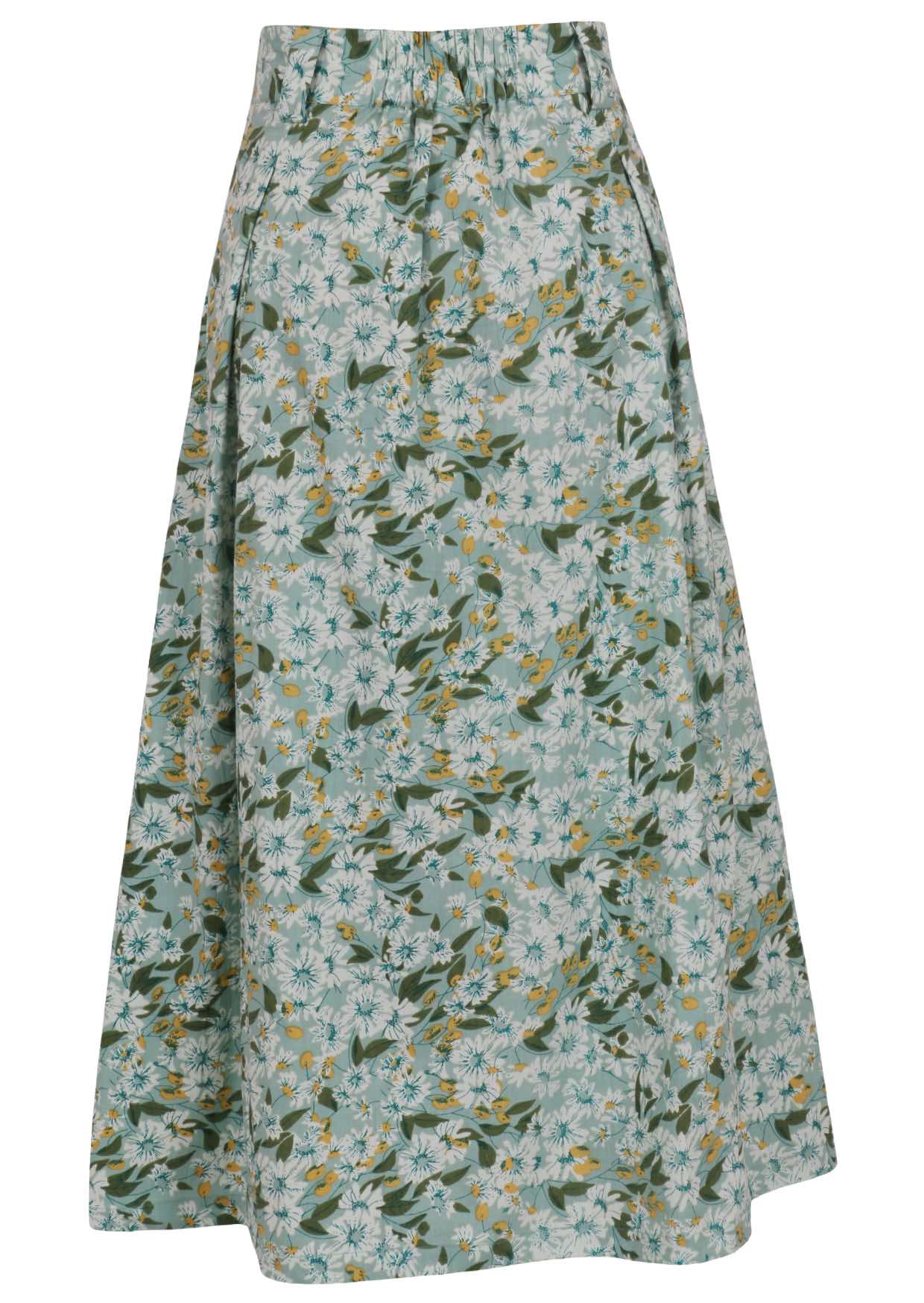 Floral printed knee length cotton skirt with belt loops and elastic at back of the waist