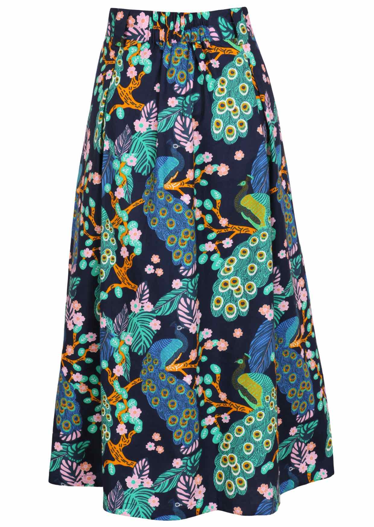 Back view of floral peacock print mid-length cotton skirt with belt loops and elastic at back of the waist